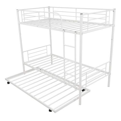 Twin-Over-Twin Metal Bunk Bed with Trundle, Ladders & Safety Rails - Converts to 2 Separate Beds, No Box Spring Required (White) | Perfect for Kids' Rooms, Guest Rooms & Small Spaces