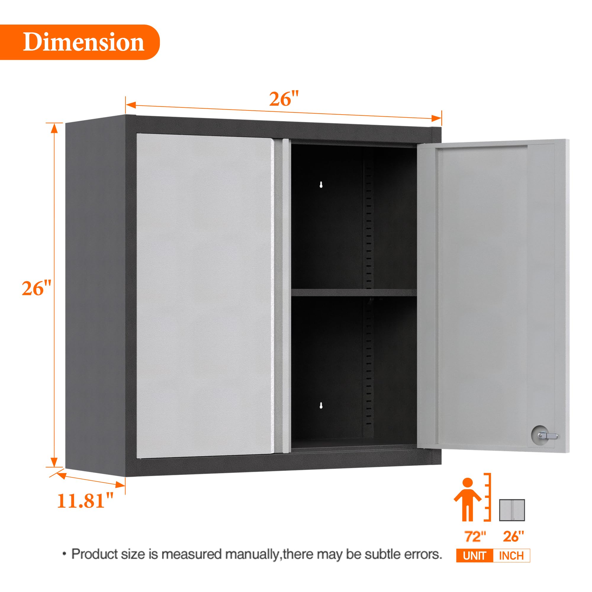 Steel Wall Mounted Storage Cabinet with Lock - 2 Doors & 1 Adjustable Shelf | Heavy Duty Metal Garage Cabinet for Home, Office & Workshop Organization | Perfect for Tools, Supplies & Equipment Storage