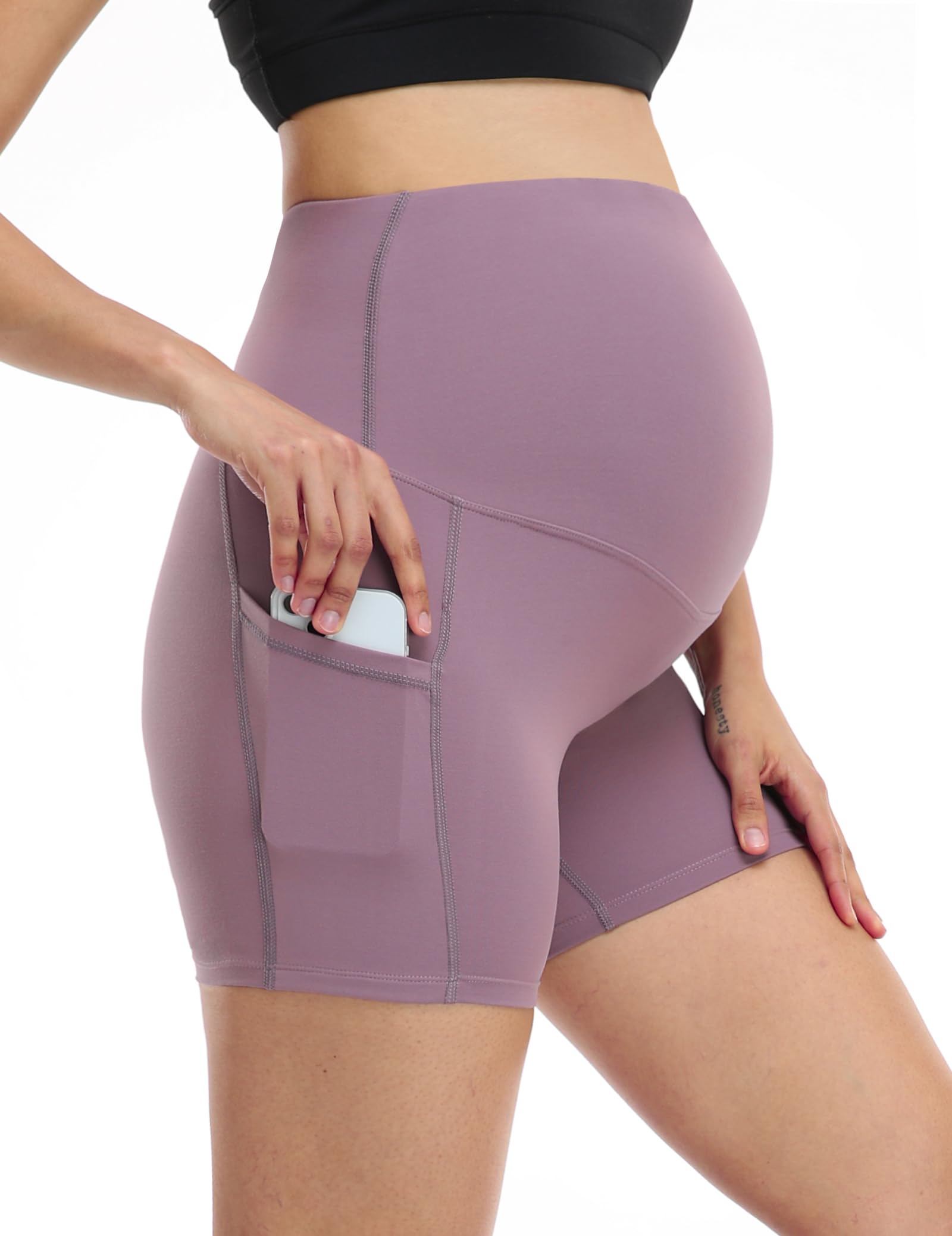 HOFISH Women's Maternity Shorts - Over The Belly Pregnancy Bike Shorts with Pockets for Workout, Running & Active Wear - Perfect for Yoga, Gym & Everyday Comfort During Pregnancy