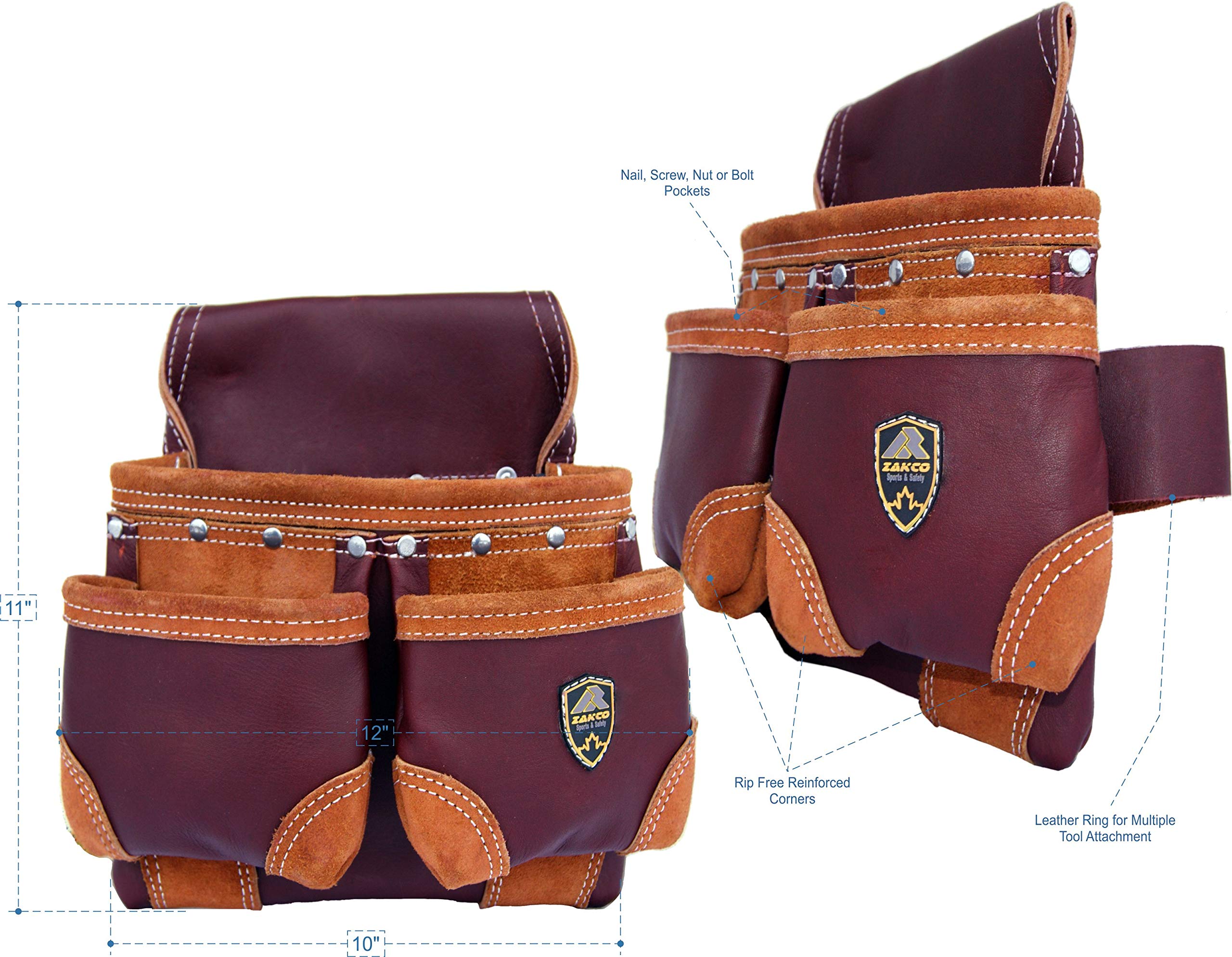 Zakco PRO-20 Oil Tanned Genuine Grain Leather Tool Belt for Construction, Framing & Roofing - Heavy Duty Leather Work Belt with Tool Pouches - Perfect for Carpenters, Drywallers & Contractors (Maroon)