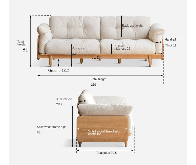 Premium Oak Solid Wood Genuine Leather Fabric Sofa - Modern Living Room Furniture for Home & Office - Comfortable Seating for Relaxation & Entertainment