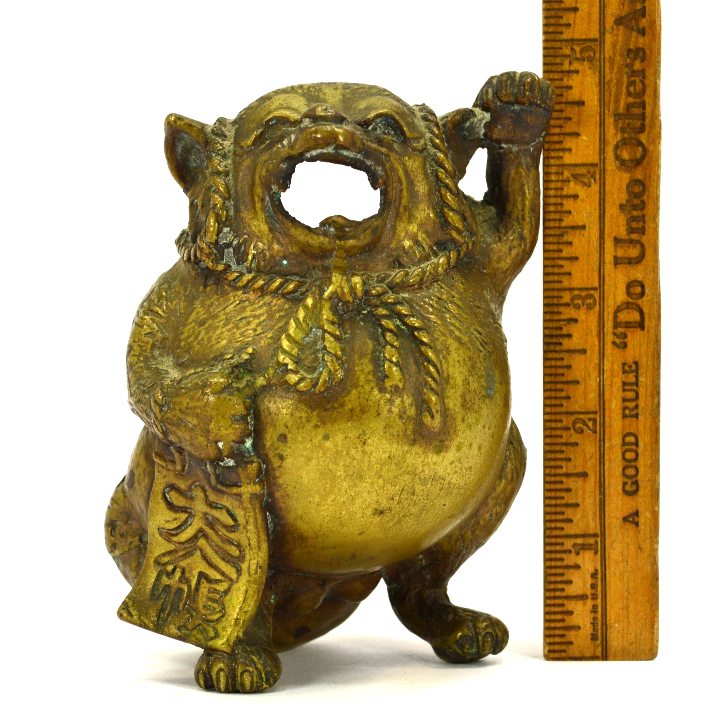 Antique Japanese Tanuki Figural Brass Incense Burner - Raccoon Dog Statue (Missing Lid) - Perfect for Home Decor, Zen Meditation & Asian-Inspired Gifts