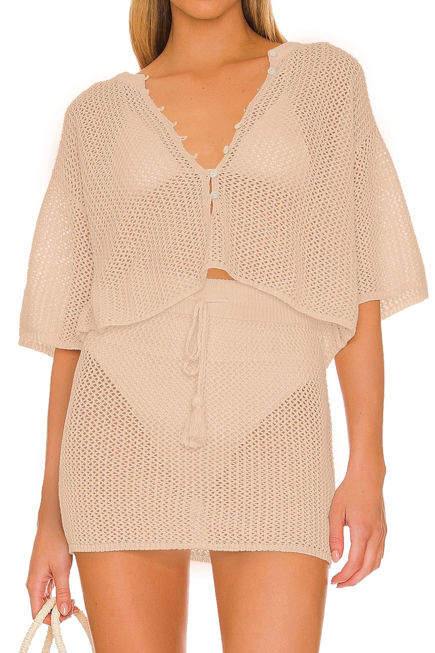 Jumppmile Women's 2 Piece Swimsuit Cover Up Set - Crochet Hollow Out Knitted Beach Bikini Cover Up - Perfect for Pool, Beach Vacation & Summer Outfits