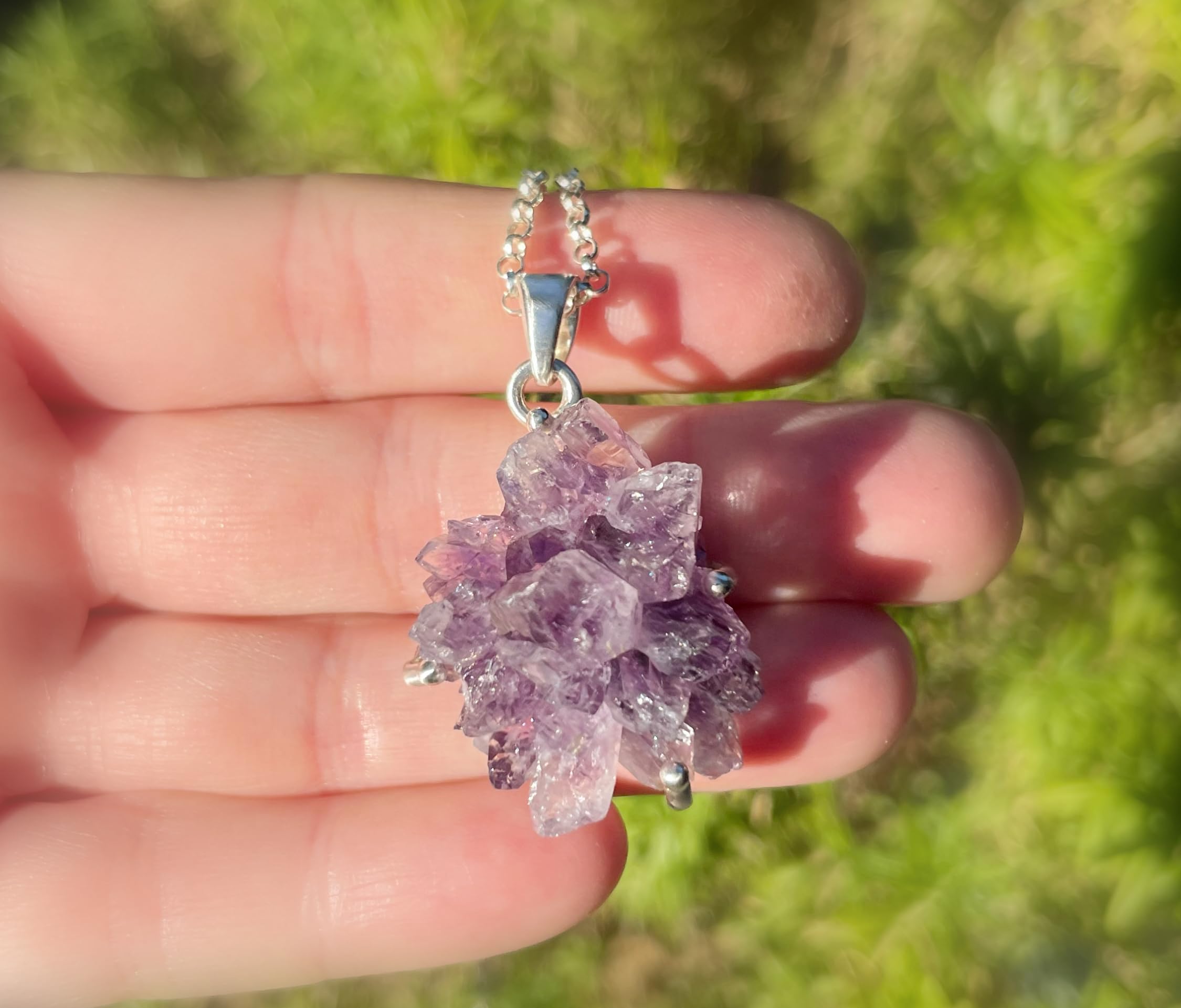 Large Amethyst Crystal Pendant Silver Necklace | Amethyst Flower Silver Jewelry | February Birthstone Gift for Women & Men | Layering Necklace for Everyday Wear & Special Occasions
