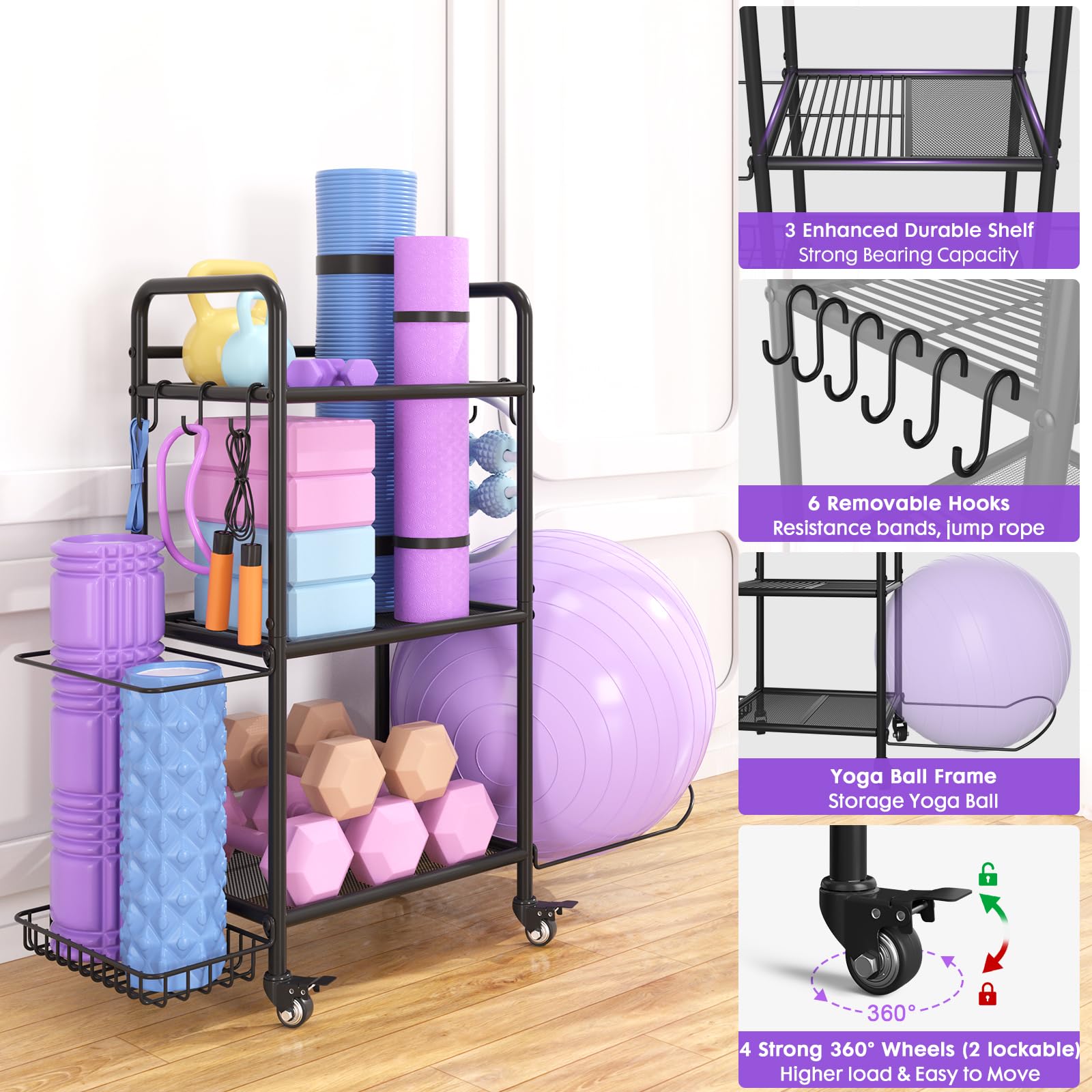 Home Gym Storage Rack - Heavy Duty Exercise Equipment Organizer for Yoga Mats, Dumbbells, Kettlebells & Resistance Bands | Perfect for Yoga Studios, Home Workouts & Garage Gyms - Space Saving Workout Gear Storage Solution