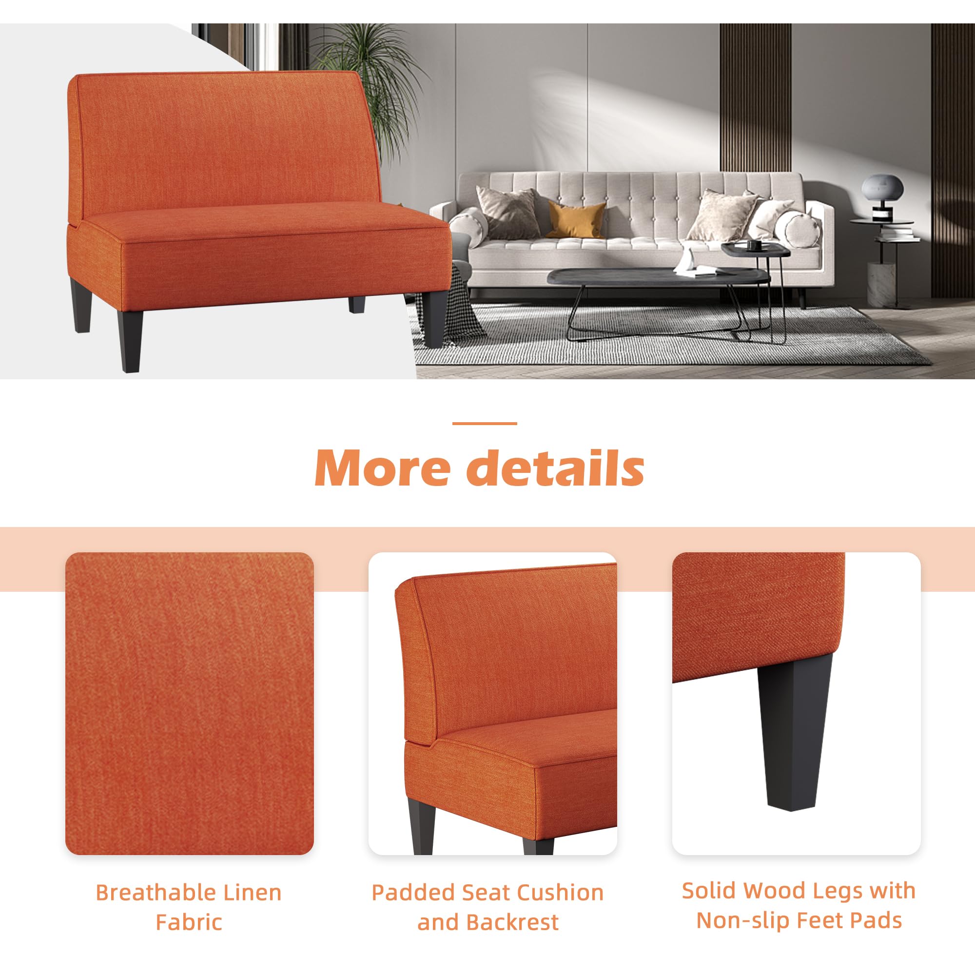 Yongqiang Small Loveseat Mini Sofa - Upholstered Accent Bench with Backrest, Armless Love Seat for Living Room, Bedroom & Office - Perfect for Small Spaces, Reading Nooks & Cozy Corners - Orange