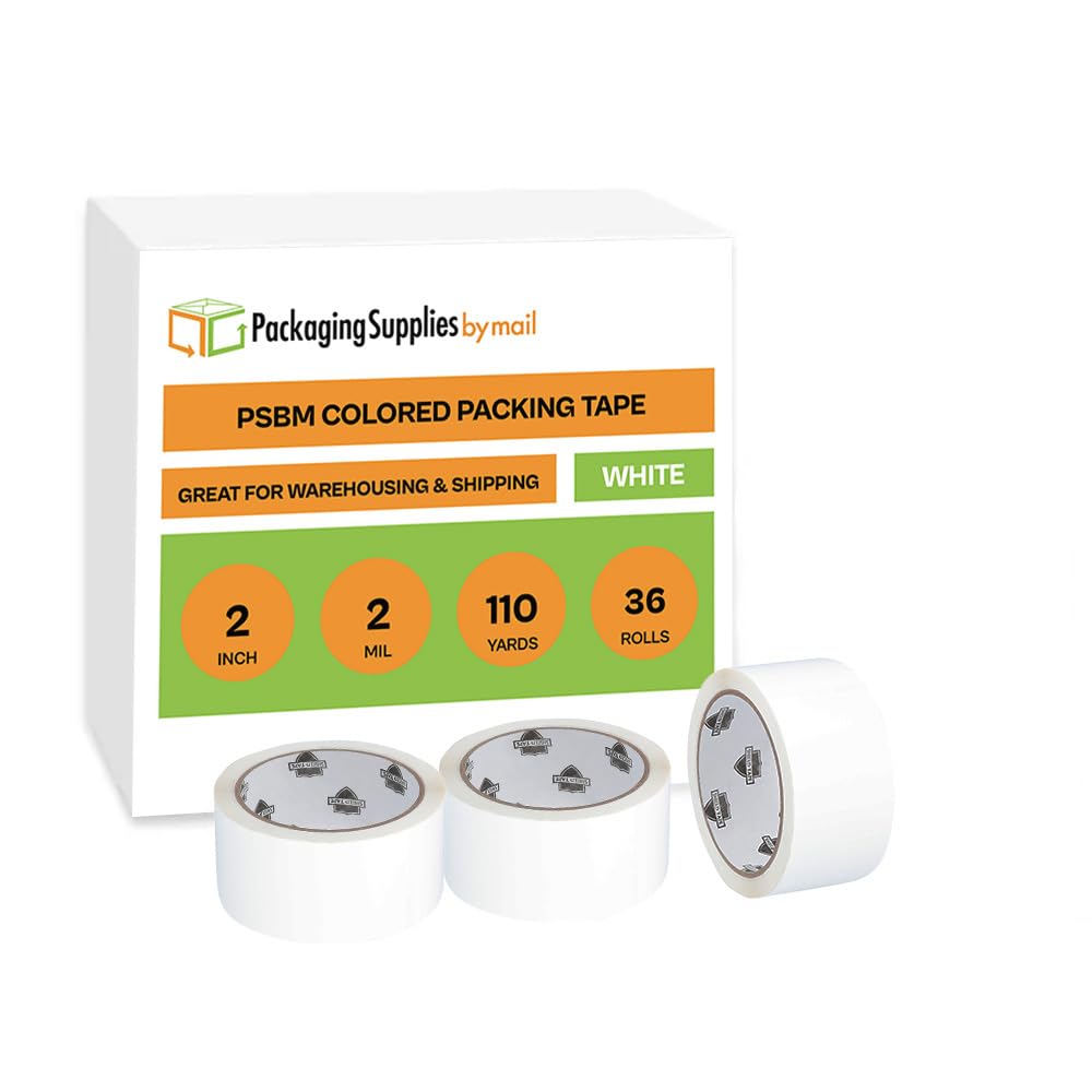 PSBM White Packing Tape 2 Inch x 110 Yards, 36 Pack - Heavy Duty Colored Packaging Tape for Dispenser Refill | Moving, Storage & Shipping Supplies | Perfect for Home, Office & Warehouse Use