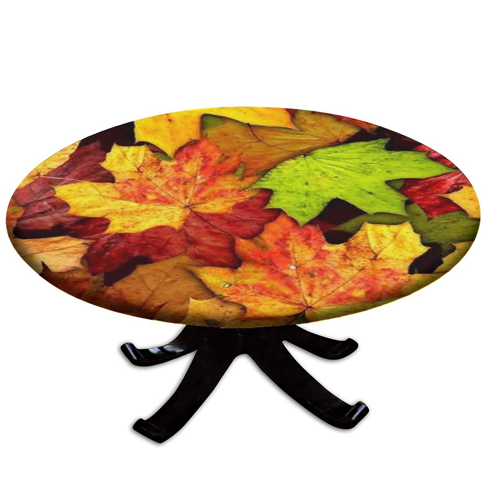 Thanksgiving Round Elastic Edged Tablecloth - Waterproof Wipeable Autumn Maple Leaves Design for 60