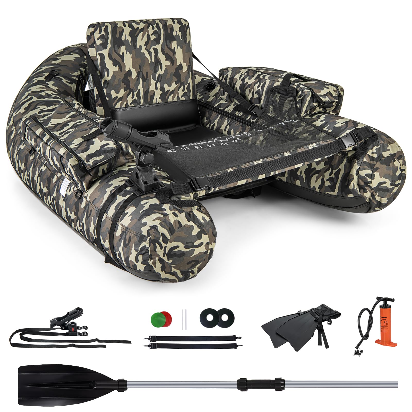 GYMAX 350lbs Inflatable Fishing Float Tube with Fish Ruler, Rod Holder, Pump & Accessories - Portable Belly Boat for Anglers with Adjustable Straps & Storage Backpack - Perfect for Lake, River and Fly Fishing Adventures