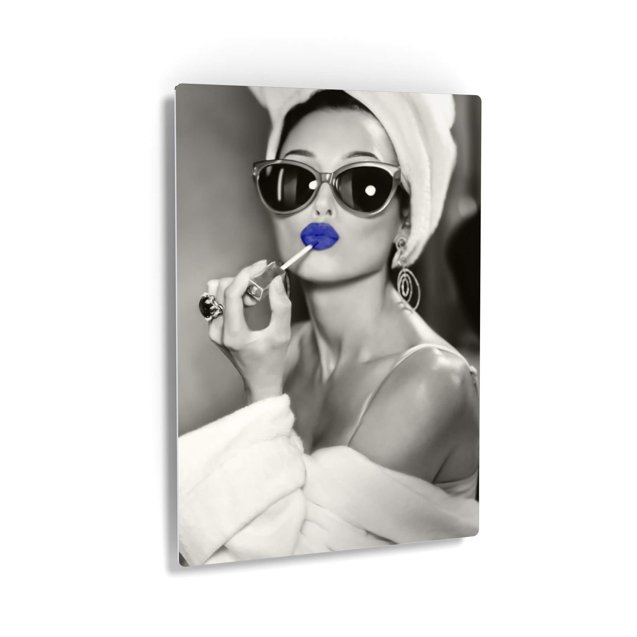 Audrey Hepburn Metal Wall Art Print - Blue Lips Pop Art, Black & White Iconic Beauty (30x20 Inch) | Ready to Hang Home Decor for Living Room, Bedroom & Office | Made in USA