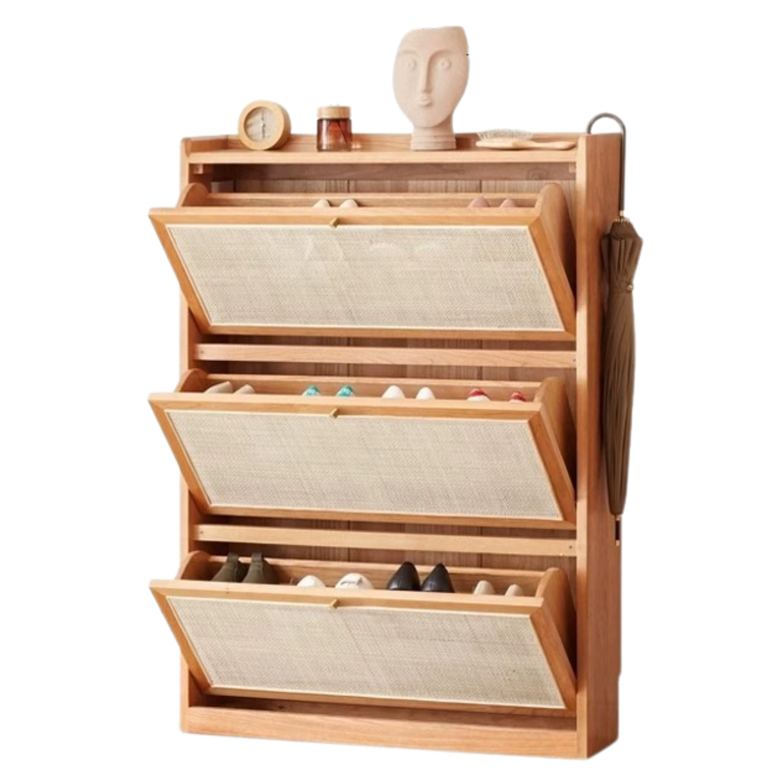 Oak Solid Wood Ultra Thin Flap Door Rattan Shoe Cabinet - Space Saving Entryway Storage Organizer for Hallway, Closet & Mudroom