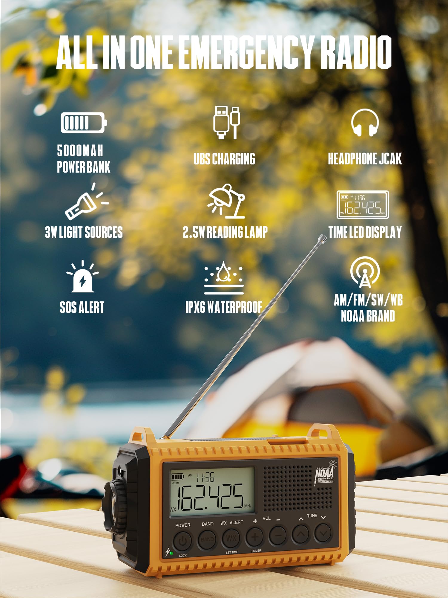 **18500mAh Solar Hand Crank Emergency Weather Radio - AM/FM/NOAA Shortwave Portable Radio with Phone Charger, Flashlight, Reading Lamp, SOS Alert & Headphone Jack - Perfect for Outdoor Camping, Hiking & Emergency Survival**