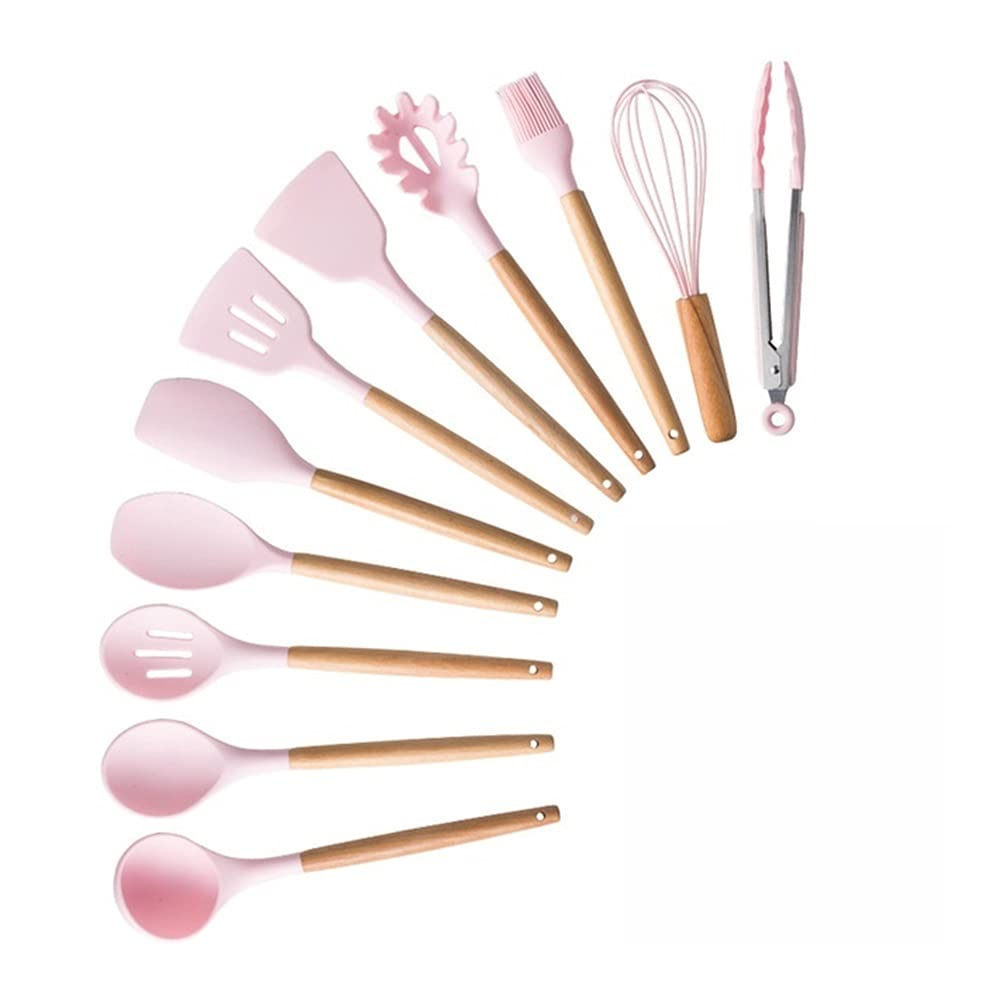 Silicone Kitchen Utensils Set - 11 Pcs Non-Stick Cooking Tools, Pink Silicone Spatula & Spoon Set for Baking, Frying, and Everyday Cooking
