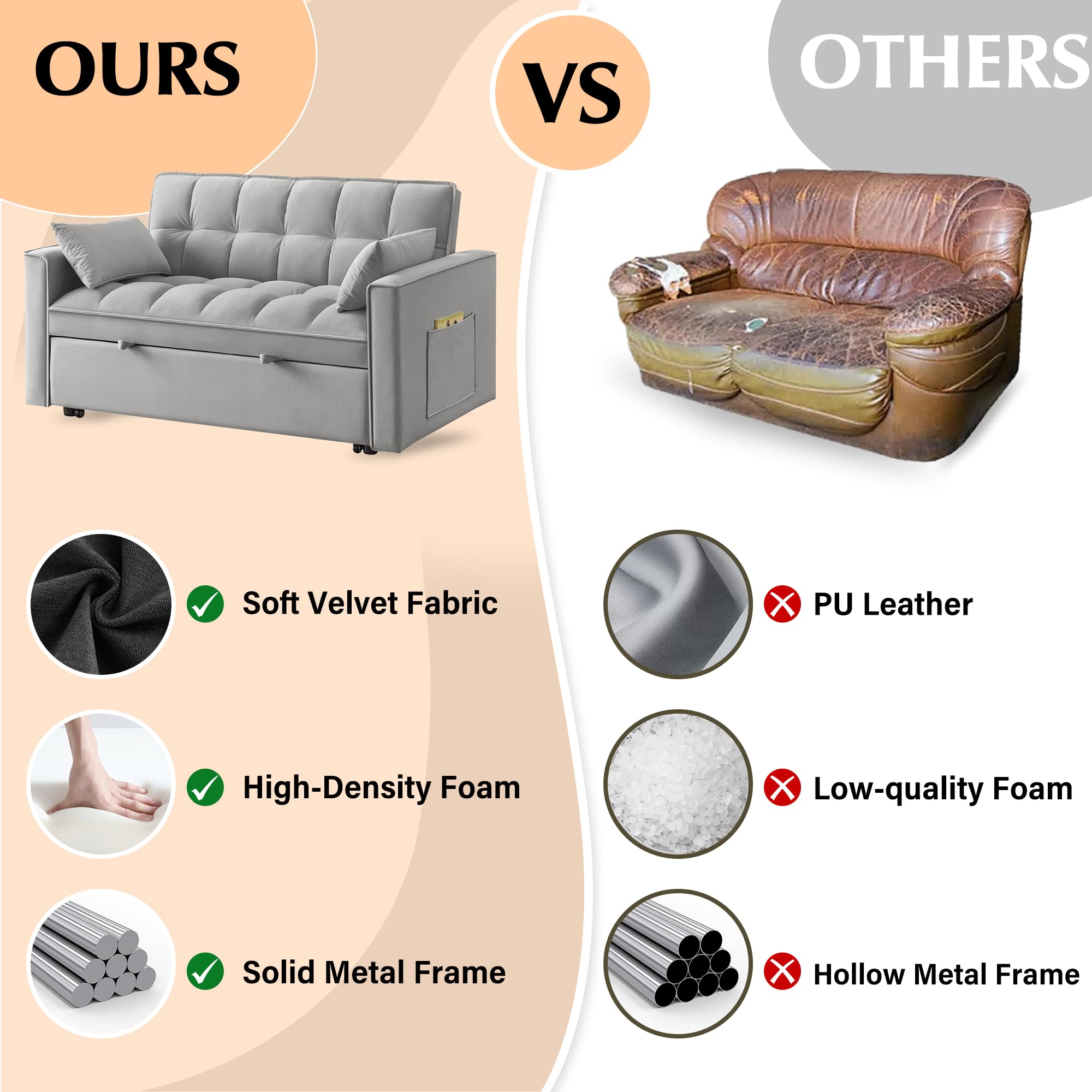 3 in 1 Convertible Velvet Sleeper Sofa Bed with Storage Pockets & 2 Pillows - Modern Foldable Couch for Small Spaces, Living Room, Apartment, Bedroom & Office - Perfect for Guests, Lounging & Space Saving (Gray)