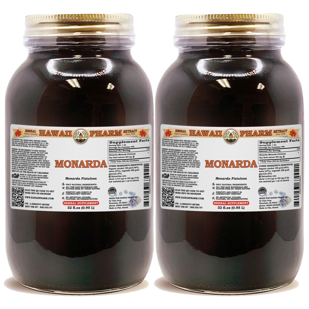 Organic Monarda Fistulosa Liquid Extract & Dried Herb Powder Tincture Supplement - Wild Bergamot Herbal Remedy - 2x32oz Unfiltered - Immune Support, Digestive Aid & Stress Relief - Perfect for Teas, Tinctures & Aromatherapy