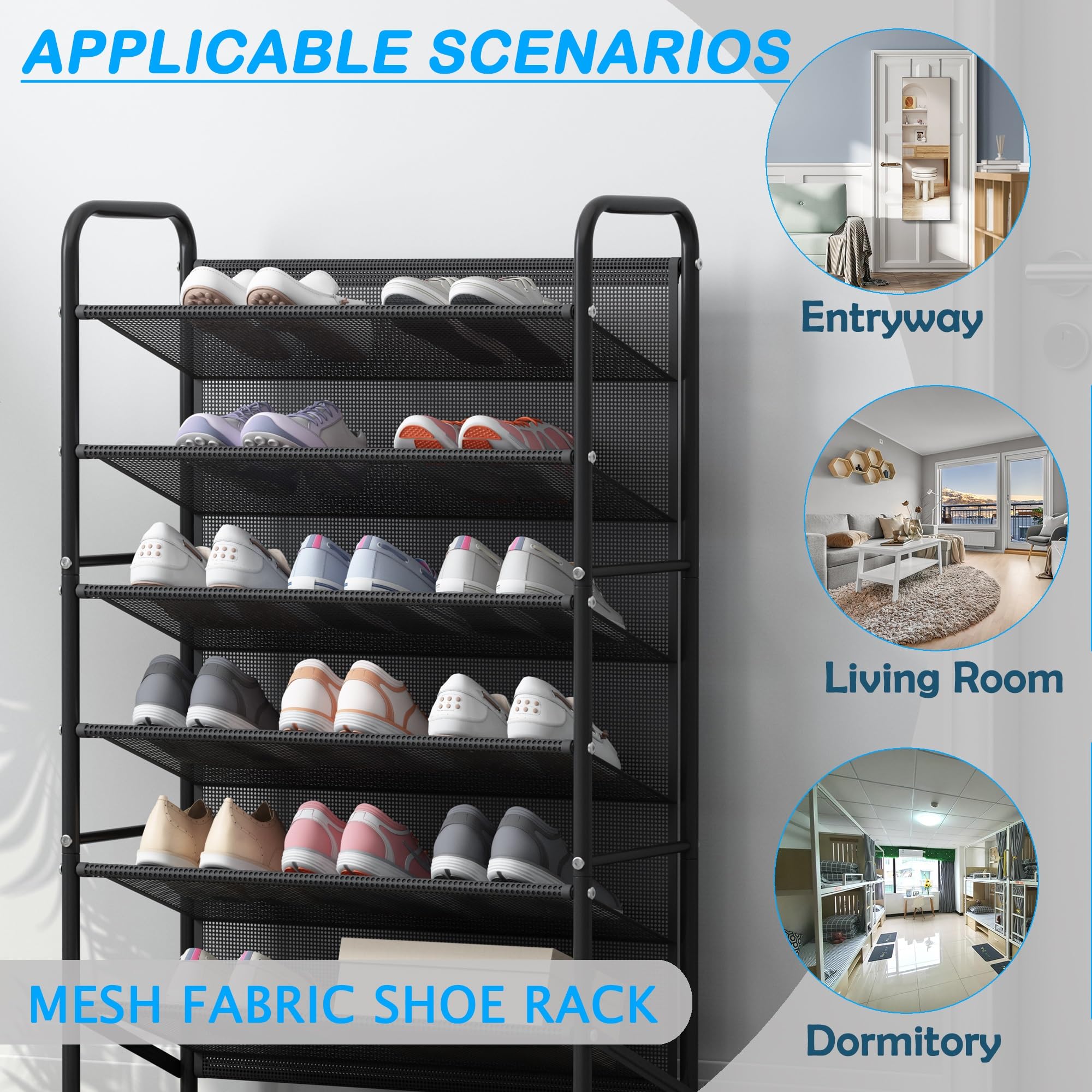 4-Tier Metal Shoe Rack Organizer - Space Saving Narrow Shoe Storage Shelf for Closet, Entryway, Hallway & Dorm Room - Durable Mesh Fabric Design (Black) - Perfect for Small Spaces & Apartment Living