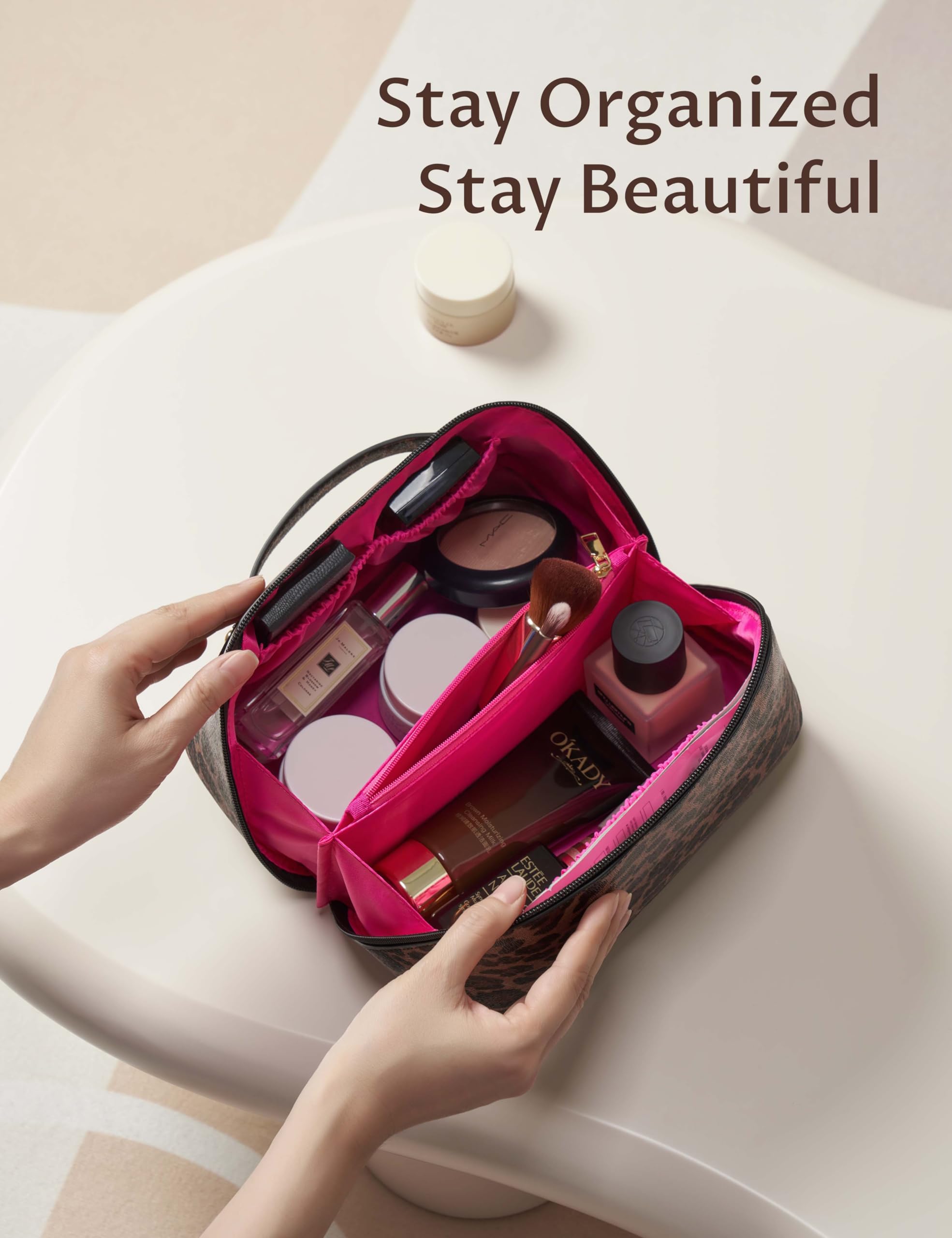 Yarnic Leopard Travel Makeup Bag - Large PU Leather Cosmetic Organizer for Women | Perfect for Travel & Daily Use