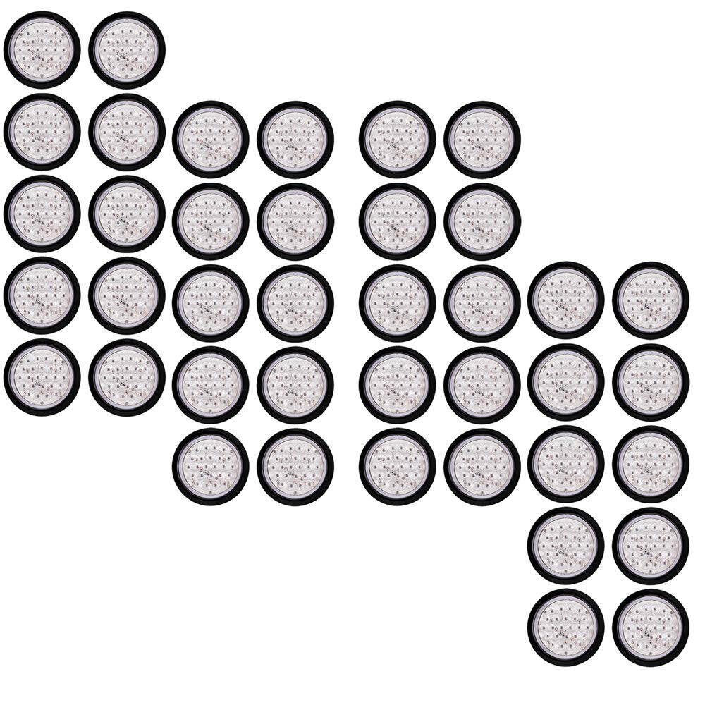 40PCS 4 Inch Round Red 24-LED Clear Lens Tail Lights - Stop, Brake, Running & Park Lamps with Grommet & Plug - Compatible with Truck, Trailer, RV, ATV, UTV, Boat - Perfect for Night Driving and Safety Lighting