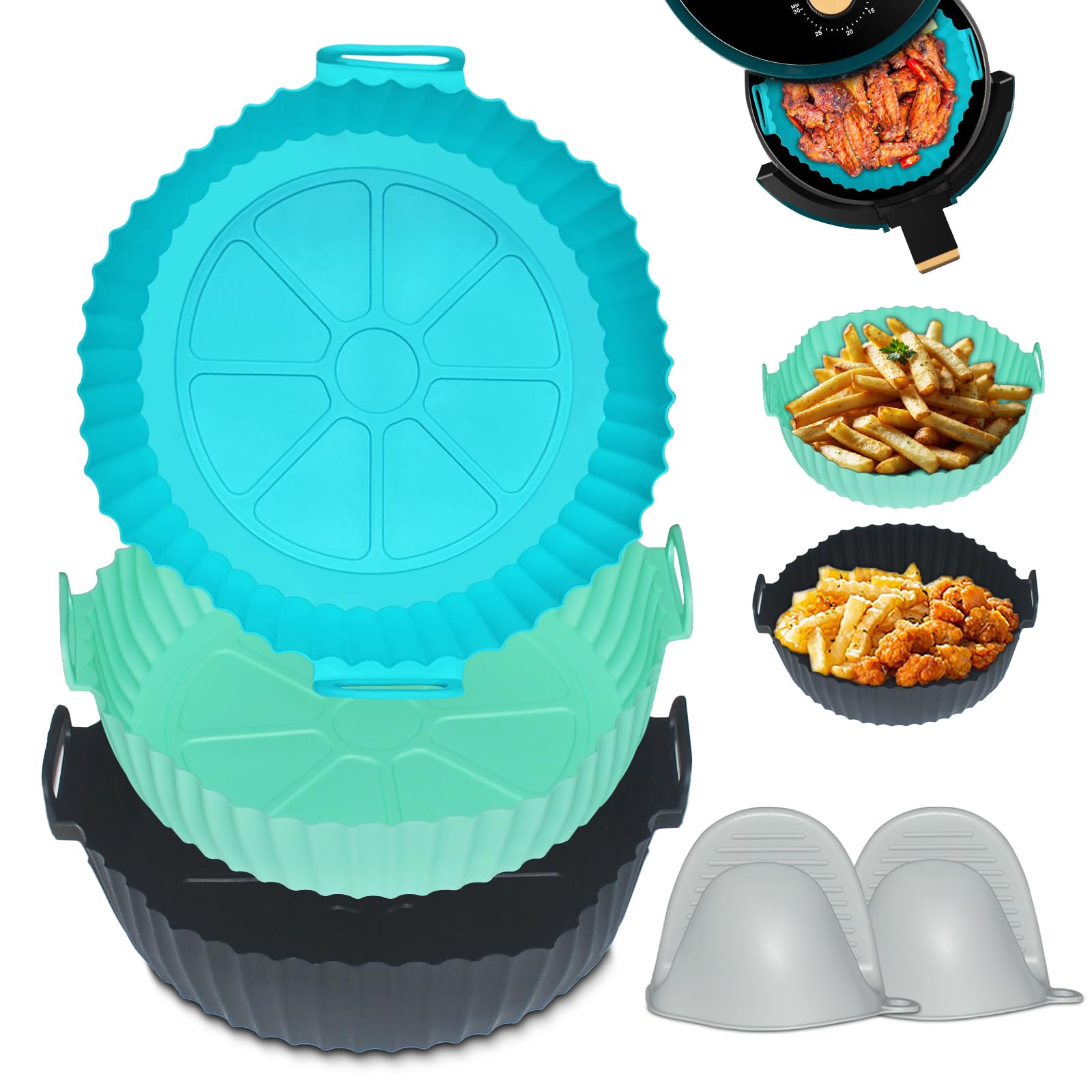 3 Pack 8 Inch Reusable Silicone Air Fryer Liners with Heat-Resistant Mittens - Perfect Non-Stick Basket Liners for 3QT to 5QT Air Fryers - Ideal for Cooking, Baking, and Healthy Meal Prep