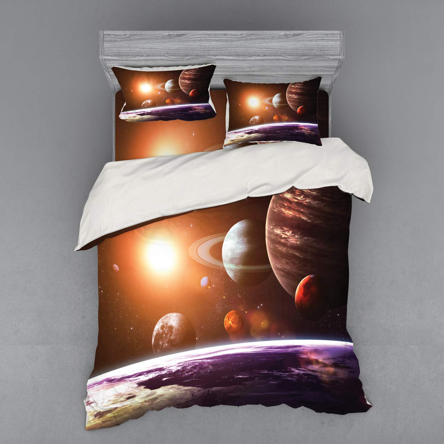 Ambesonne Galaxy Bedding Set Queen Size - 4 Piece Space Themed Duvet Cover with Shams & Fitted Sheet - Planets, Sun & Moon Design in Magenta Orange - Perfect for Astronomy Lovers & Science Themed Bedrooms