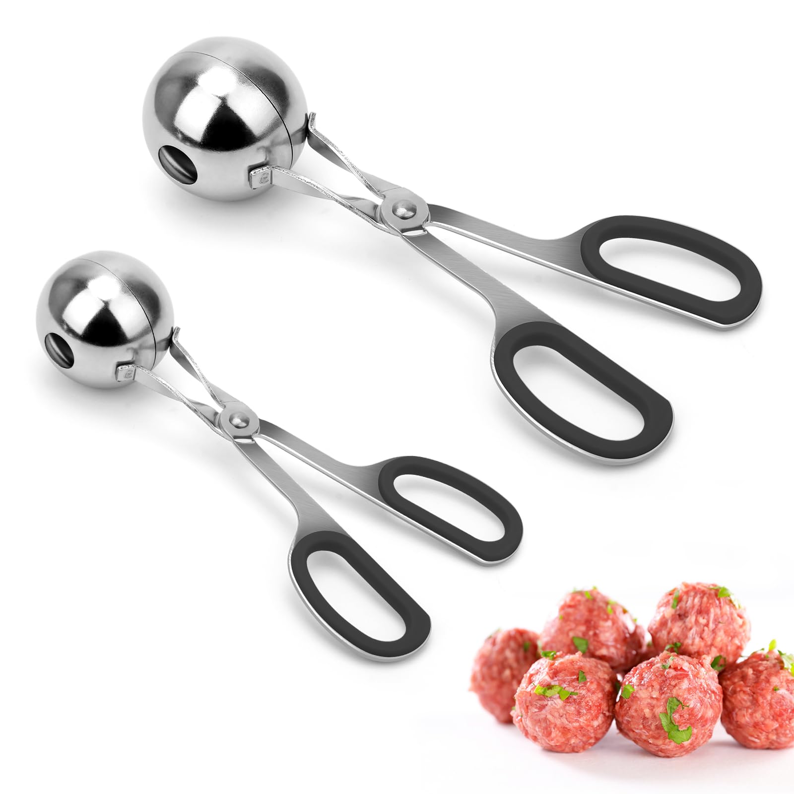 AHIER 2-Piece Non-Stick Meatball Maker Scoop with Detachable Anti-Slip Handles - Stainless Steel Meat Baller & Cake Pop Scoop for Kitchen - Perfect for Making Meatballs, Cookie Dough Balls & Cake Pops