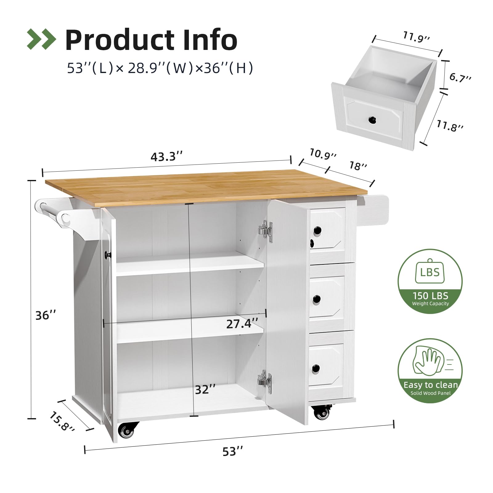 White Rolling Kitchen Island Cart with Drop Leaf, Storage Drawers & Spice Rack - Mobile Kitchen Organizer for Small Spaces, Dining Room & Apartment Cooking
