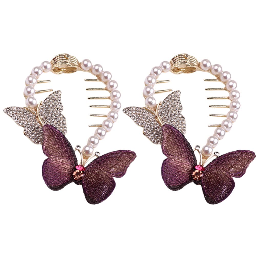 LALAFINA 2-Piece Butterfly Pearl Hair Clips for Women & Girls - Elegant Alloy Hair Barrettes with Meatball Grab Design - Perfect for Parties, Weddings & Daily Hair Accessories (Purple)