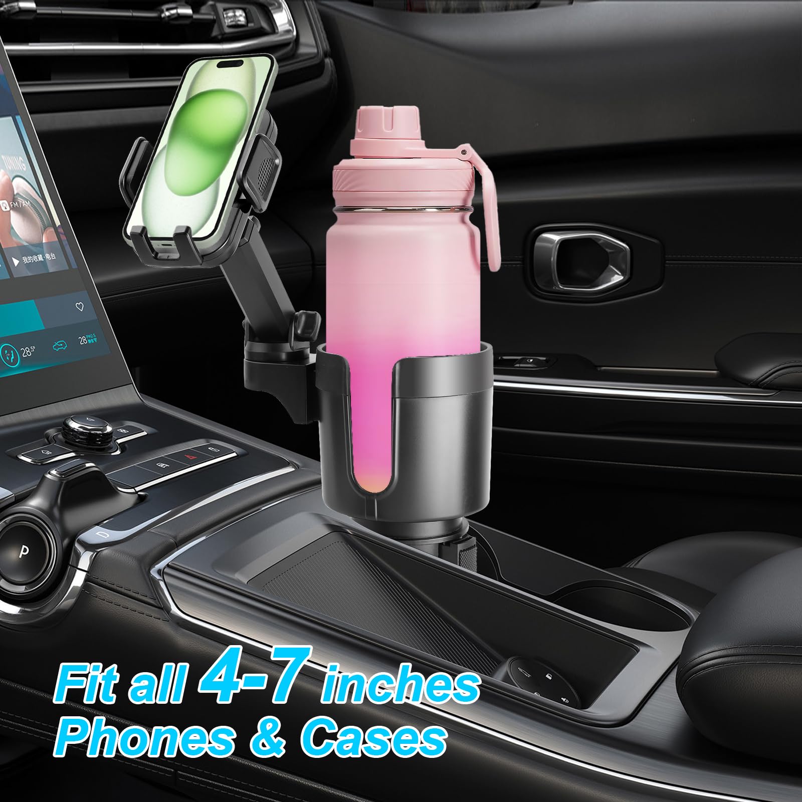 360° Rotating Cup Holder Phone Mount for Car - 2 in 1 Car Cup Holder Expander with Long Arm, Universal Smartphone Holder for iPhone, Samsung, Pixel - Perfect for Road Trips, Commuting & Food Delivery