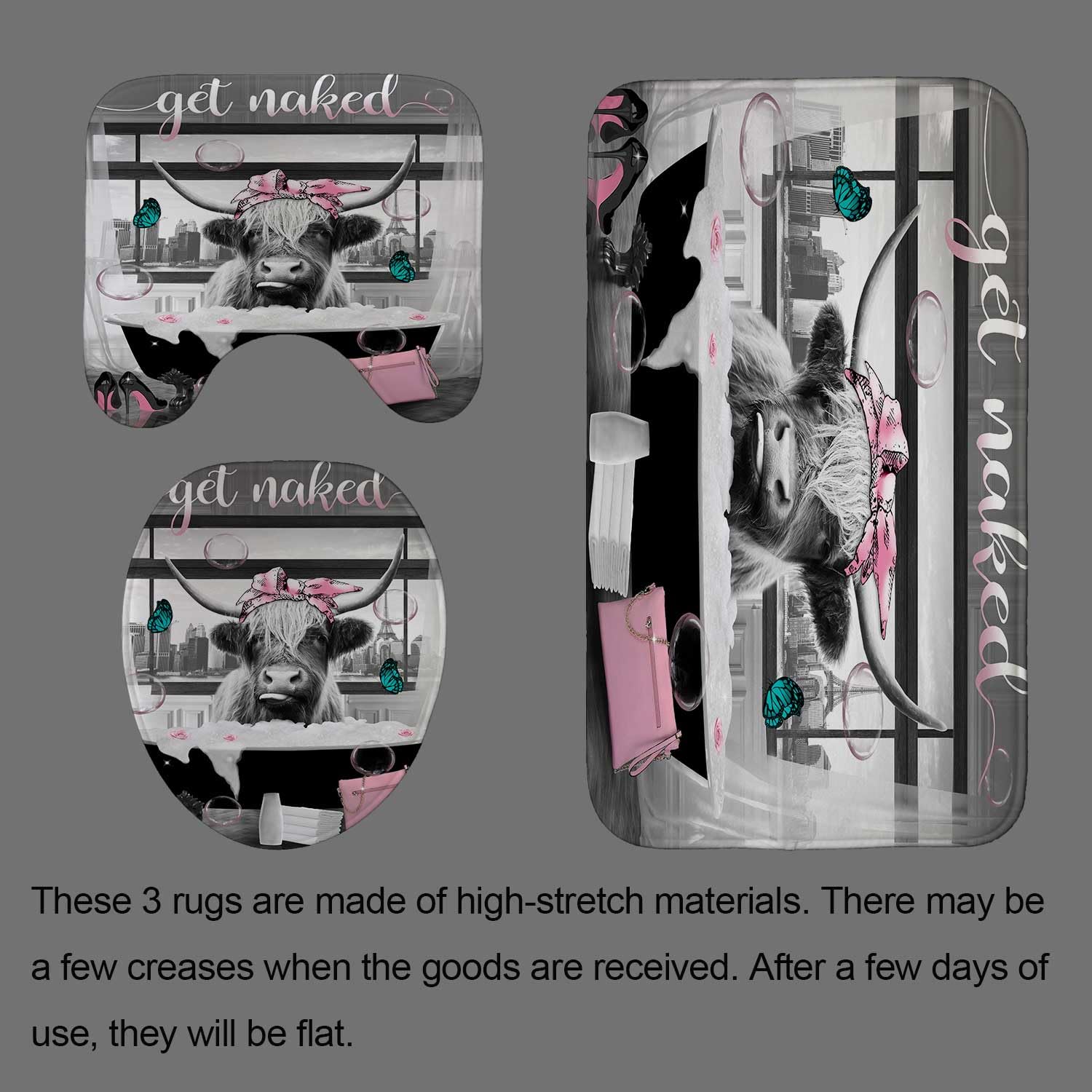4PCS Black and White Highland Cow Shower Curtain Set with Funny Quote - Non-Slip Bath Mat & Eiffel Tower Decor | Modern Bathroom Accessories for Farmhouse, Glam, or Parisian Style Homes
