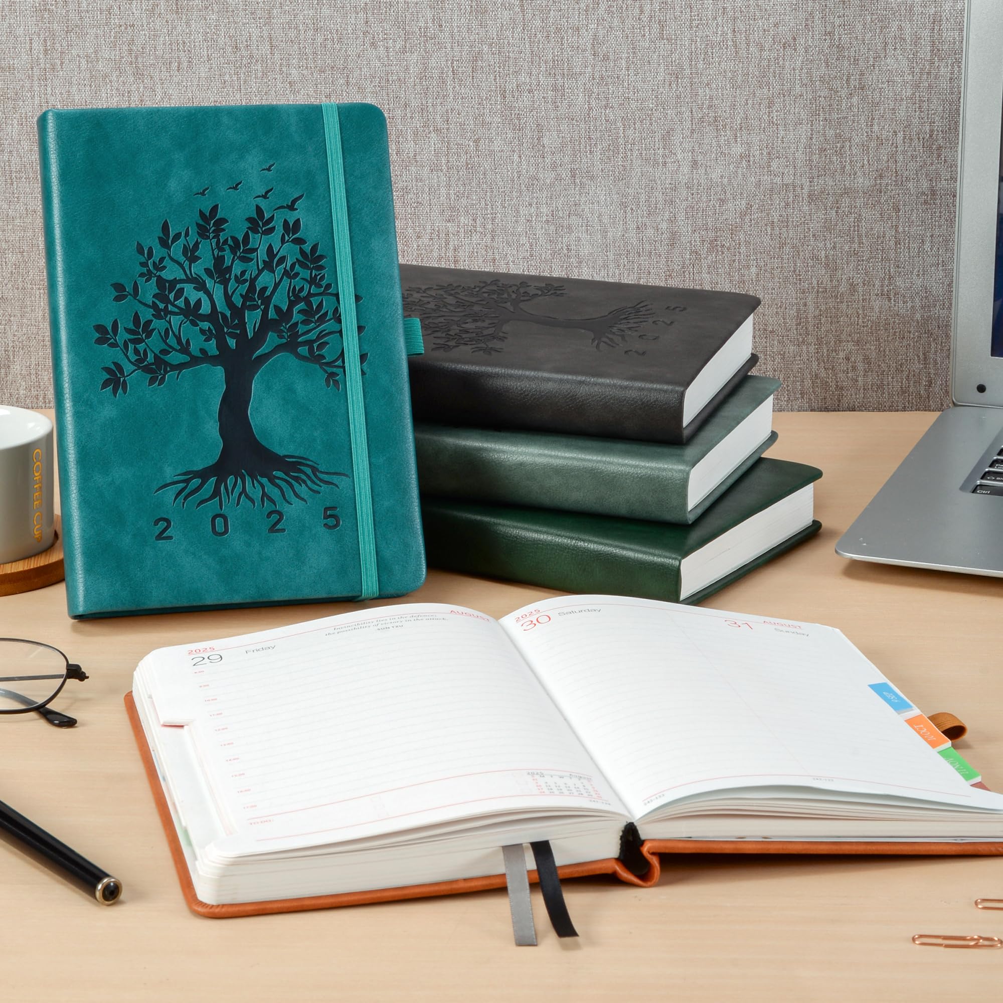 2025 A5 Daily Planner - One Page Per Day, January to December, Tree of Life Design | Includes Colorful Monthly Tabs, Pen Set & Inner Pocket | 5.9