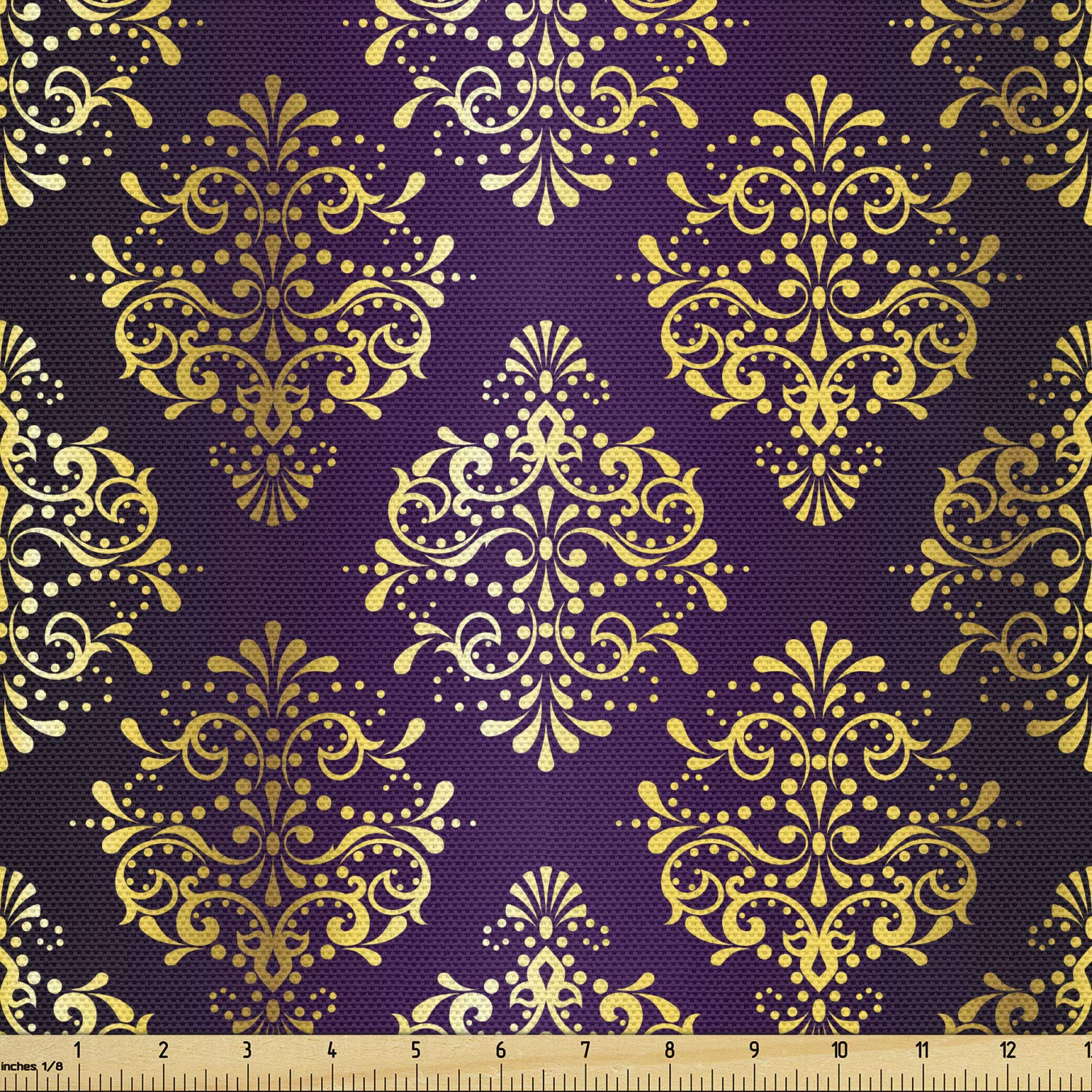 Ambesonne Yellow Damask Fabric - Oriental Leaf Print for Upholstery & Home Decor