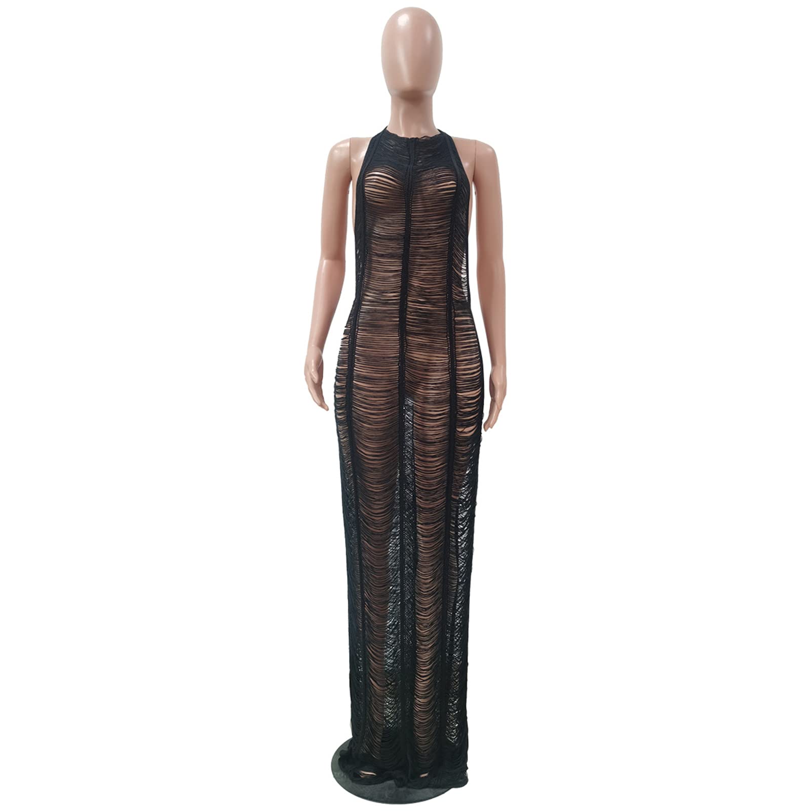 Sexy Women's Halter Sleeveless Mesh Crochet Maxi Dress - Backless See-Through Beach Cover Up, Bikini Swimsuit Wrap for Summer Vacation & Pool Party