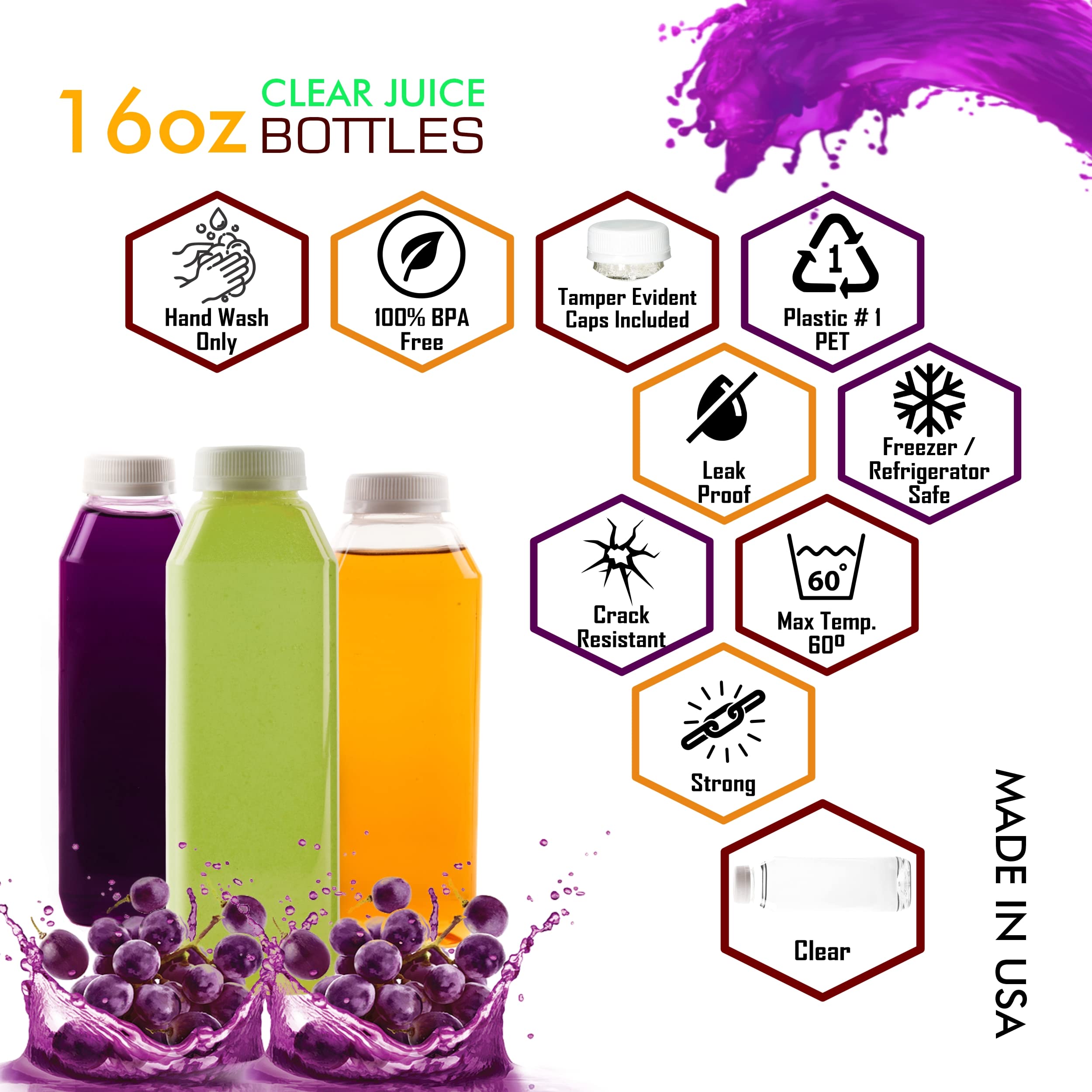 EcoQuality 100 Pack 16oz Clear Plastic Juice Bottles with Tamper Evident Caps - BPA Free Smoothie & Drink Containers for Juicing, Meal Prep, Picnics, Party Favors & Home Brewing - Perfect for Restaurants, Cafes & DIY Beverage Businesses