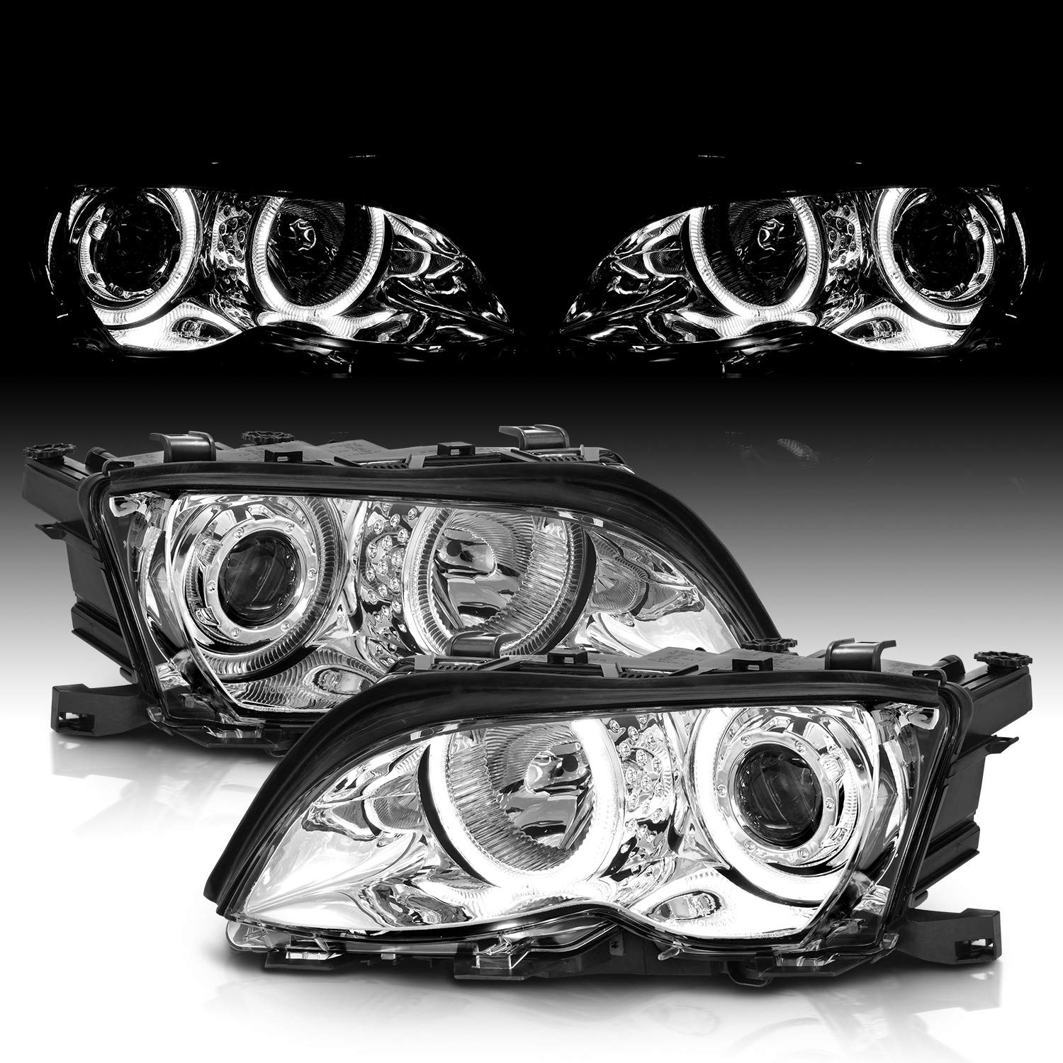 AmeriLite BMW E46 Halo Projector Headlights - Chrome Pair for 02-05 Models - Upgrade Your Ride