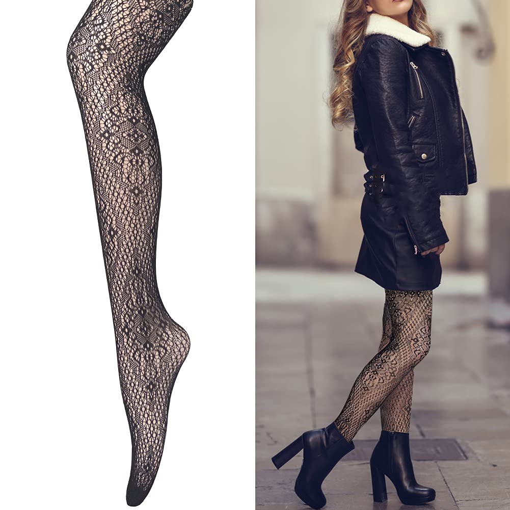 Women's Black Patterned Fishnet Tights - Sexy Stockings & Pantyhose for Party, Cosplay & Night Out Outfits