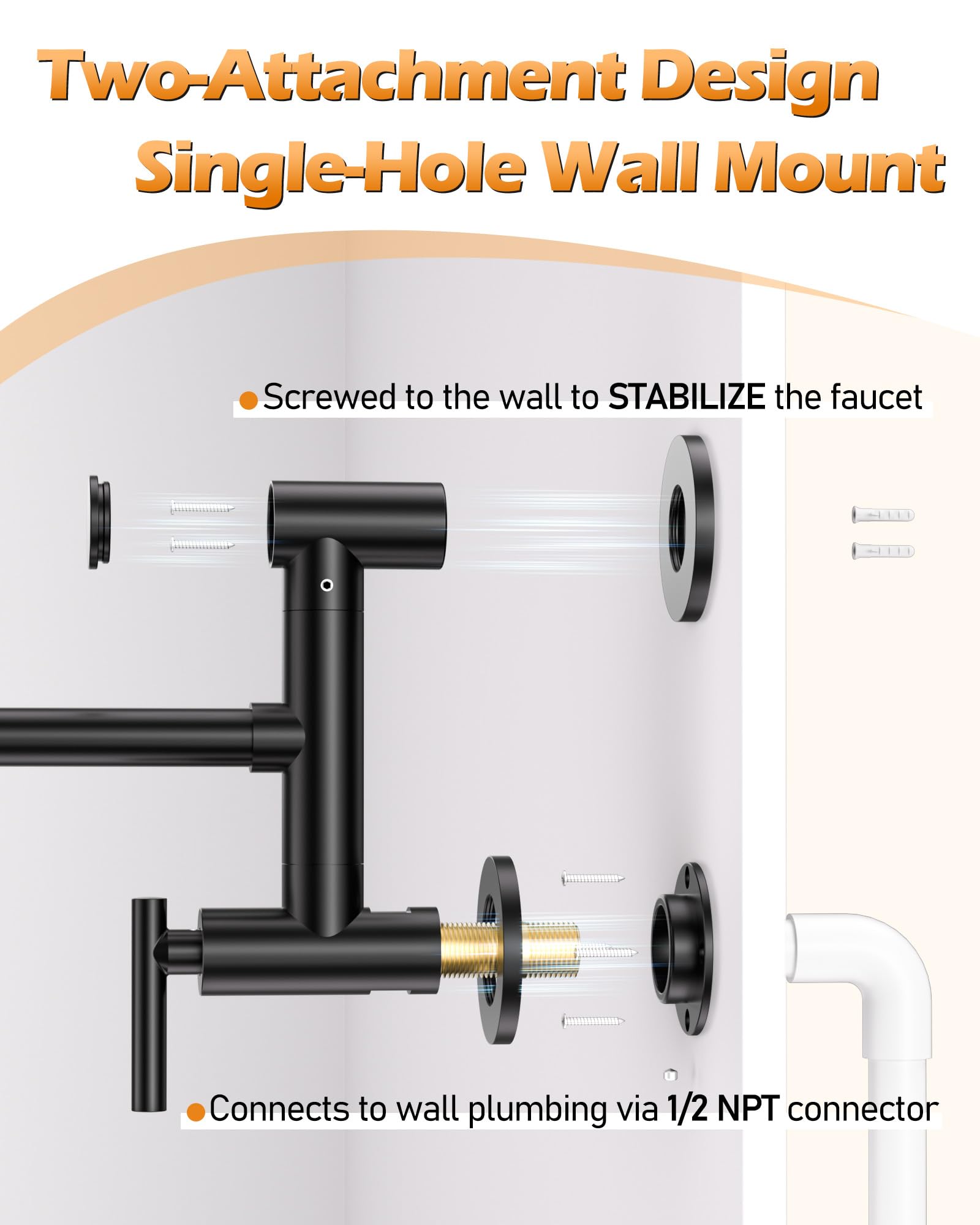 Premium Brass Wall-Mounted Pot Filler Faucet with Dual Swing Arms - Single Hole Stove Faucet for Kitchen, Black Finish | Ideal for Cooking, Filling Large Pots & Enhancing Kitchen Workflow