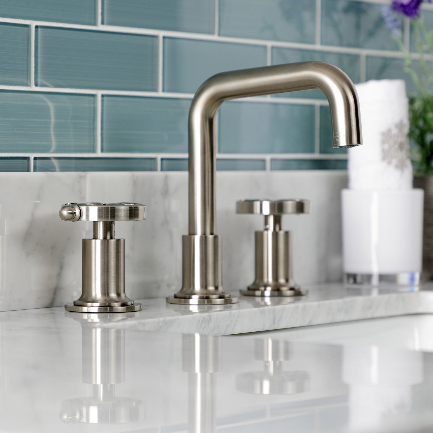 Belknap KS142RXBN Brushed Nickel Widespread Bathroom Faucet - 2 Handle 3 Hole Deck Mount with Push Pop Up Drain - Perfect for Modern Bathroom Renovations and Vanity Upgrades