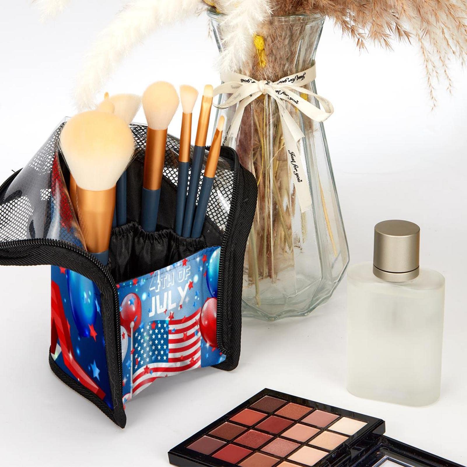 12-Piece Makeup Brush Organizer Bag with Portable Case - Travel Cosmetic Brush Holder Set for Independence Day & Everyday Use - Perfect for Makeup Artists, Travel & Home Storage