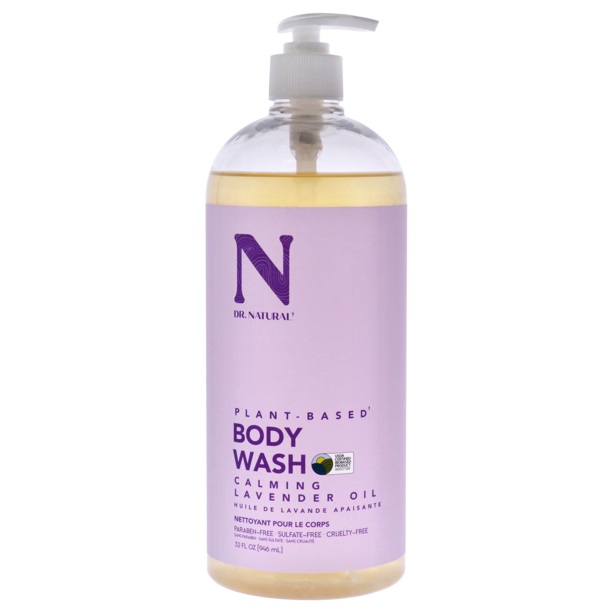 Dr. Natural Calming Lavender Oil Body Wash for Dry Skin - Moisturizing Shea Butter & Coconut Oil Body Wash - Hypoallergenic for Sensitive Skin, Family & Pets - 32 oz - Relaxing Aromatherapy for Bath & Shower Time