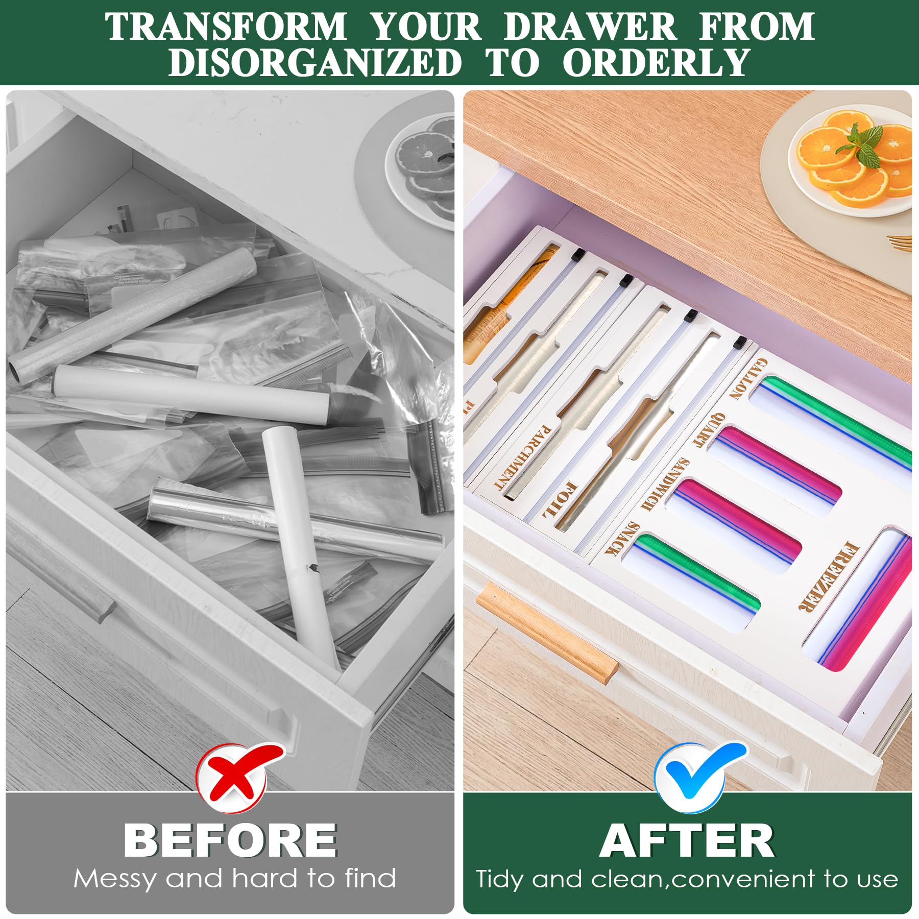 Calmbee 9-in-1 Bamboo Kitchen Organizer - Plastic Wrap & Foil Dispenser with Cutter, Storage Bag Organizer for Gallon, Quart, Sandwich Bags - Perfect for Kitchen Drawer Organization (White, Large) - Ideal for Food Storage, Meal Prep & Home Organization