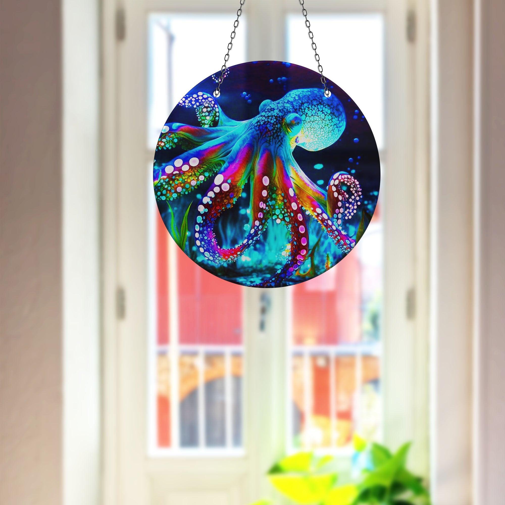 Blue Octopus Suncatcher - Handmade Glass Window Decor for Home & Garden - Perfect for Living Room, Bedroom, Nursery & Office Decor