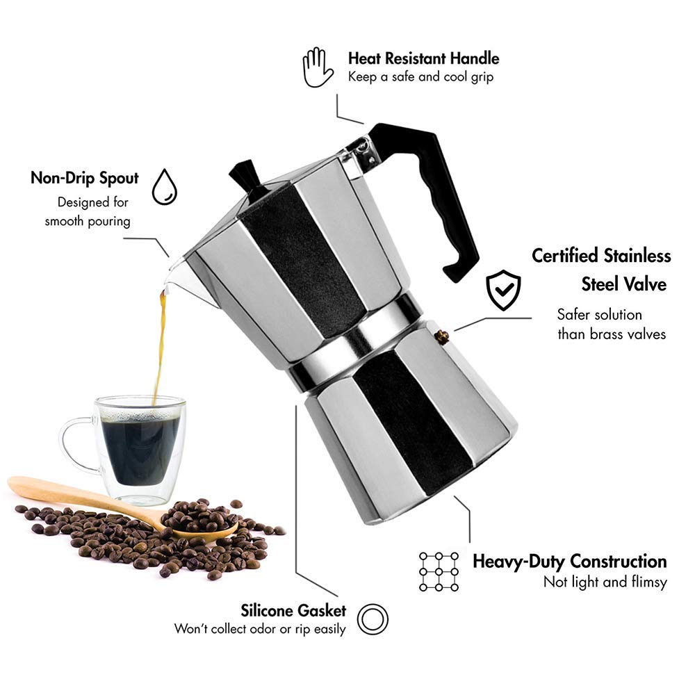 3 Cup Stovetop Espresso Maker - Italian Moka Pot for Full-Bodied Espresso | Classic Design, Easy to Use & Clean | Perfect for Home Brewing, Camping & Office Coffee
