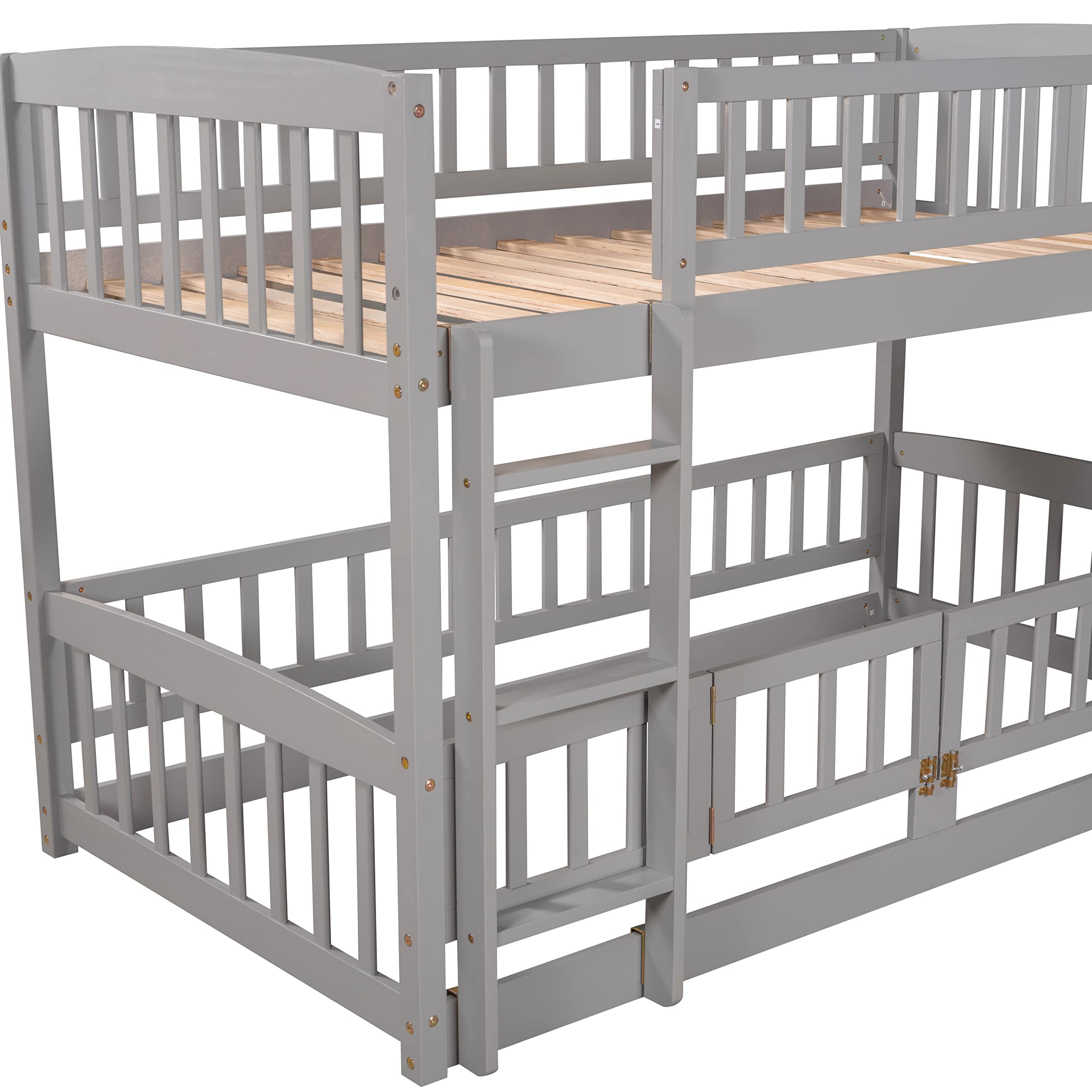 Harper & Bright Designs Twin Over Twin Bunk Bed with Slide - Low Loft Wooden Bunk Bed Frame with Safety Fence & Ladder for Kids, Toddlers & Teens - Easy Assembly (Gray) - Perfect for Small Bedrooms, Shared Kids' Rooms & Sleepovers