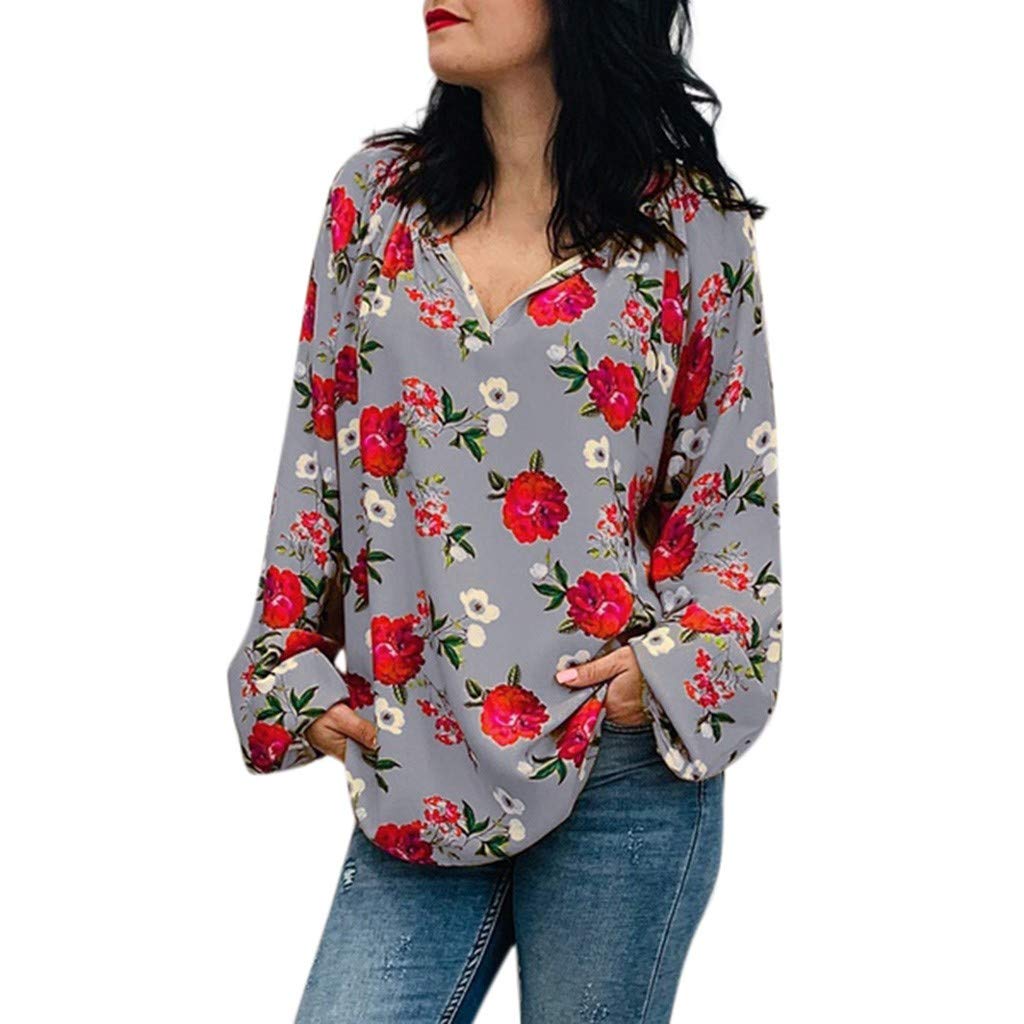 Women's Oversized Boho Floral Print V-Neck Long Sleeve Blouse - Loose Casual Tunic Top for Everyday Wear, Date Night & Vacation Outfits