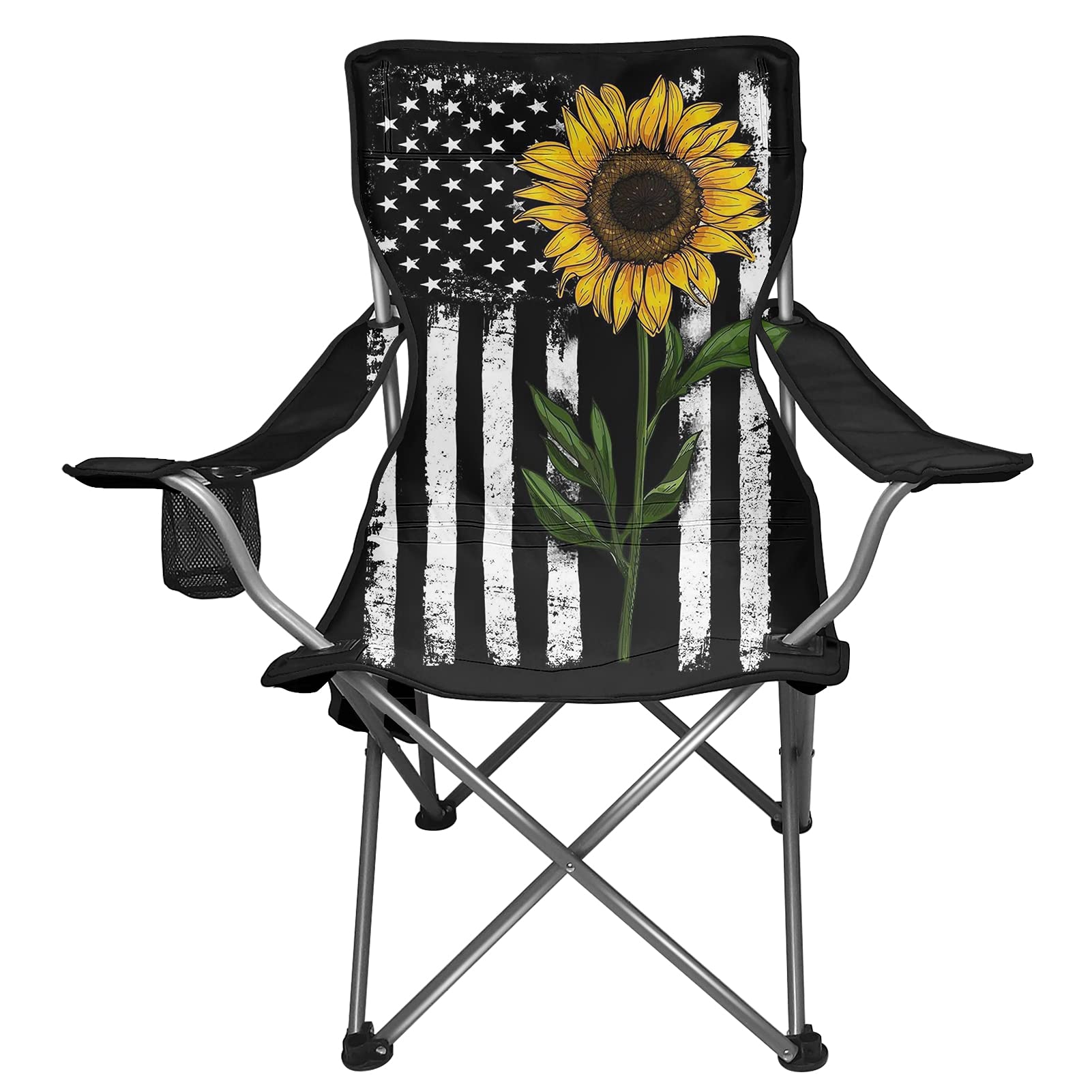 UNICEU Vintage USA Flag Sunflower Printed Folding Beach Chair for Women - Portable Lightweight Travel Camping Chair for Outdoor, Picnic, Backyard, Poolside & Beach Relaxation