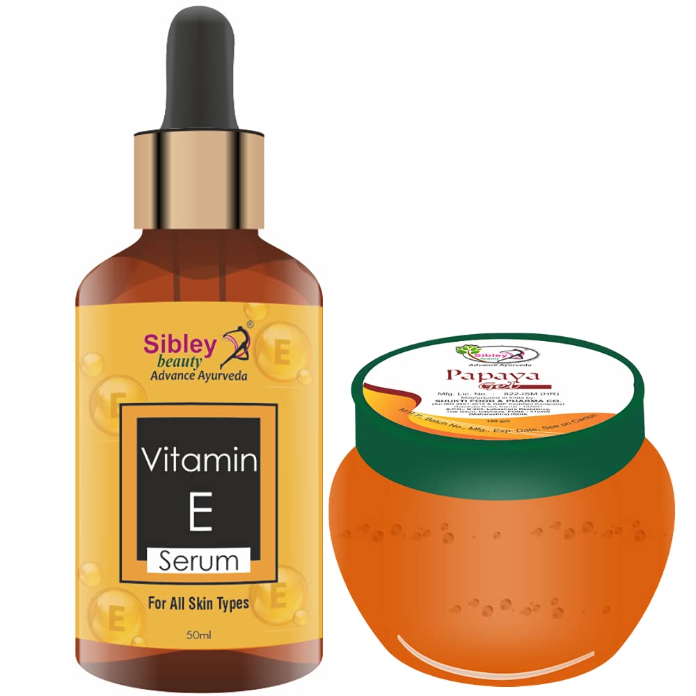Sibley Vitamin E Face Serum & Papaya Moisturizing Gel Set - 50ml Serum + 100g Gel for All Skin Types (Oily, Dry, Normal, Combination) - Anti-Aging Skincare Routine for Men & Women - Perfect for Daily Hydration & Night Care