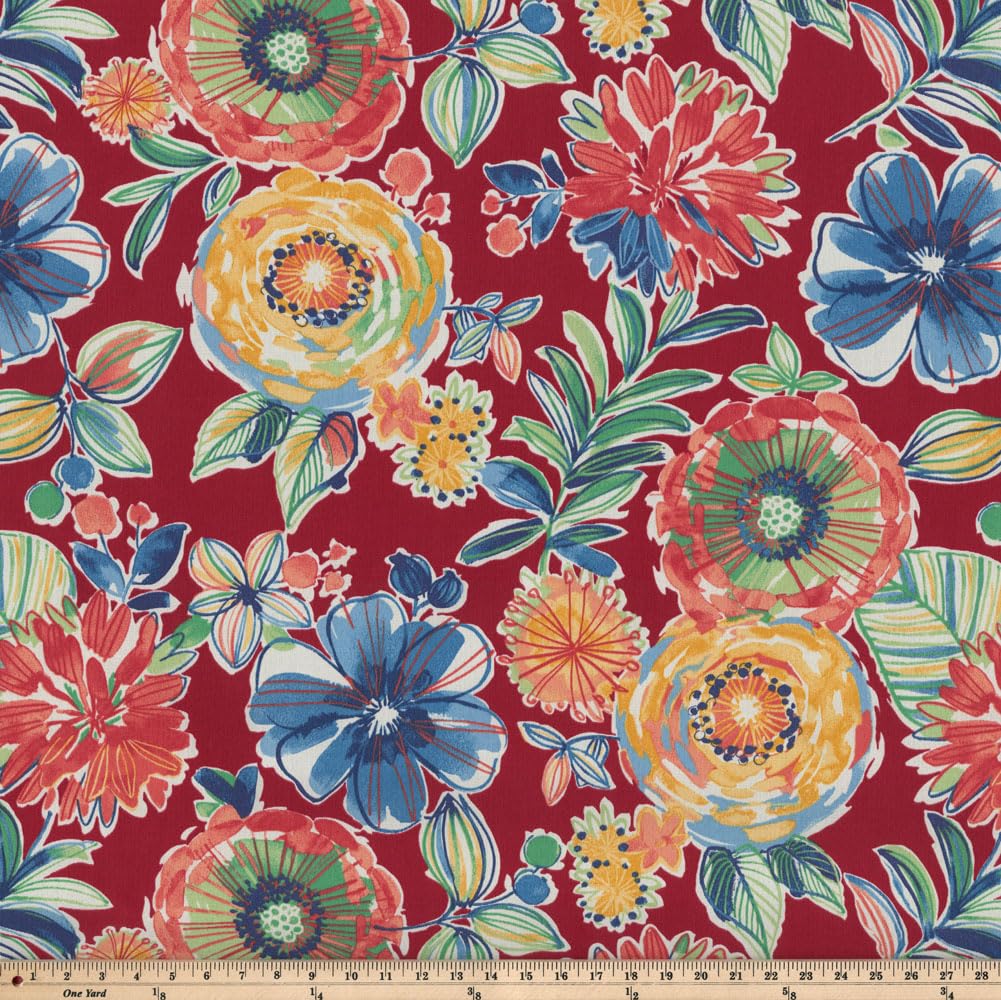Pillow Perfect Bright Floral Indoor/Outdoor Sofa Cushion - Tufted Bench & Swing Pillow with Ties, Weather & Fade Resistant, 18x56 Inch, Red/Blue - Ideal for Patio Furniture, Garden Swing, and Porch Decor