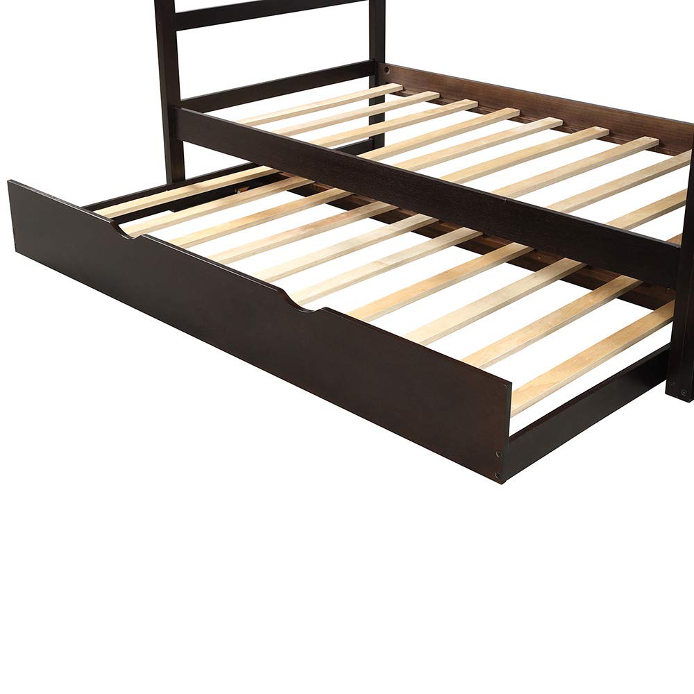 Premium Twin Over Twin Bunk Bed Frame with Trundle & Storage Stairs - Solid Wood Construction, Slat Support & Safety Guard Rail - No Box Spring Needed - Easy Assembly - Espresso Finish - Perfect for Kids' Bedrooms, Guest Rooms & Space-Saving Solutions