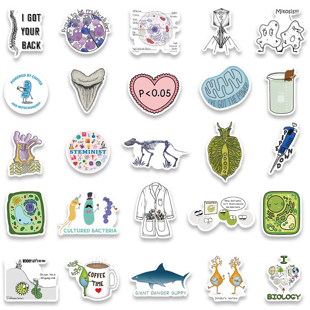 50Pcs Funny Biology Stickers for Adults & Kids - Waterproof Vinyl Science Stickers for Water Bottles, Laptops, Notebooks - Perfect for Teachers, Students, Classroom Decor & Science Enthusiasts - Great for School Projects, Lab Equipment & Science-Themed Gifts