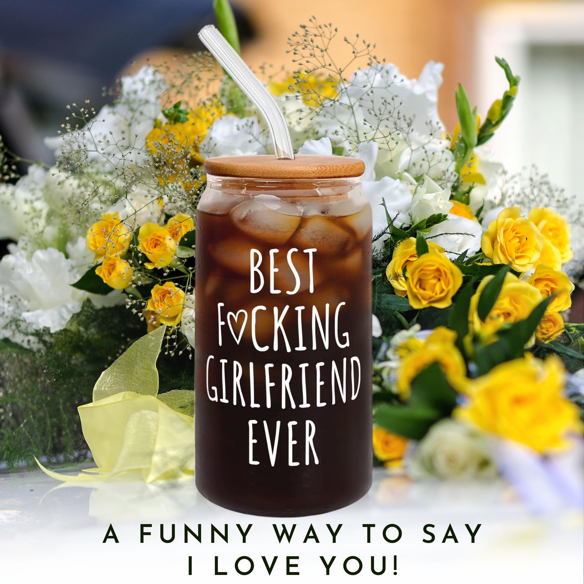 Romantic Gifts for Girlfriend - 16 Oz Can Glass with Lid - Perfect Anniversary, Birthday & Valentine's Day Present for Her - Thoughtful Couple Gift for Women - Great for Coffee, Beer & Cold Drinks at Home or Date Night
